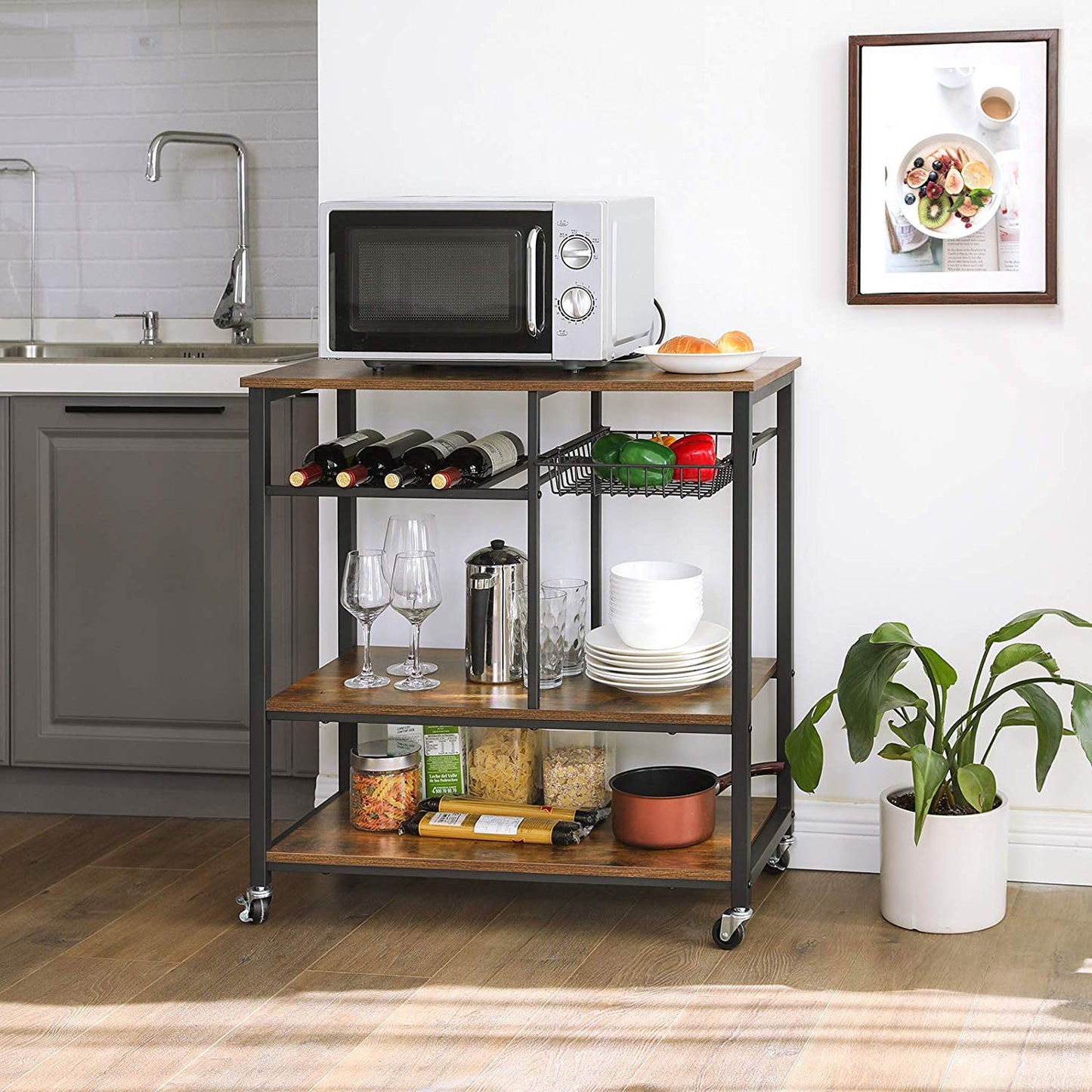 Baker’s Rack with Wheels, Kitchen Island, Food Trolley with Metal Mesh Basket, Bottle Holder and Storage Shelves, 80 x 40 x 86.5 cm, Industrial Style, Rustic Brown