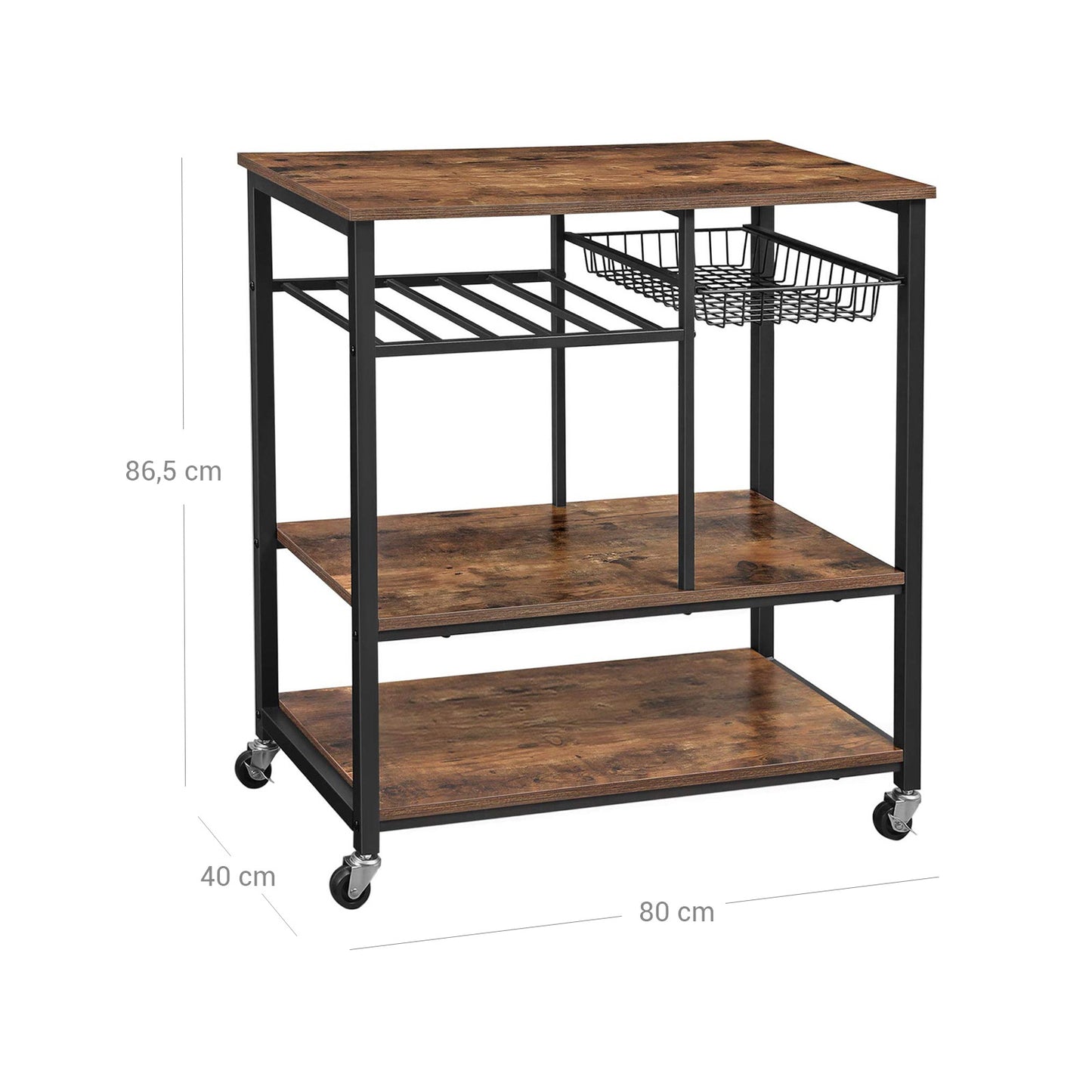 Baker’s Rack with Wheels, Kitchen Island, Food Trolley with Metal Mesh Basket, Bottle Holder and Storage Shelves, 80 x 40 x 86.5 cm, Industrial Style, Rustic Brown