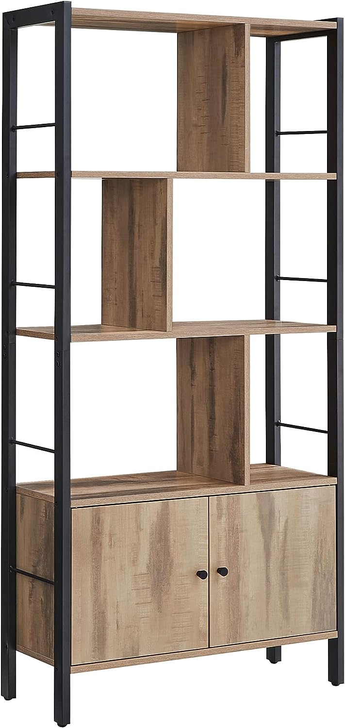 Bookshelf, Storage Shelf, Large Bookcase with Doors, 4 Shelves, Steel Structure, Industrial Style, for Living Room, Office, Toasted Oak Colour and Black