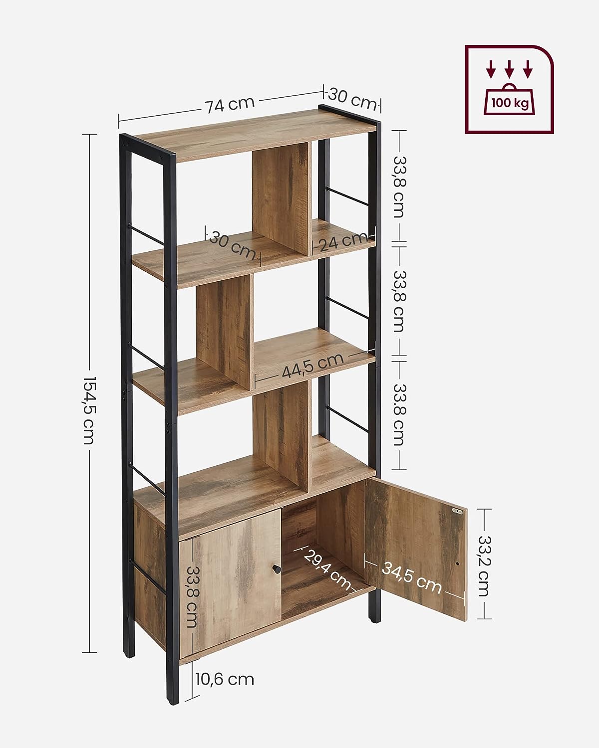 Bookshelf, Storage Shelf, Large Bookcase with Doors, 4 Shelves, Steel Structure, Industrial Style, for Living Room, Office, Toasted Oak Colour and Black