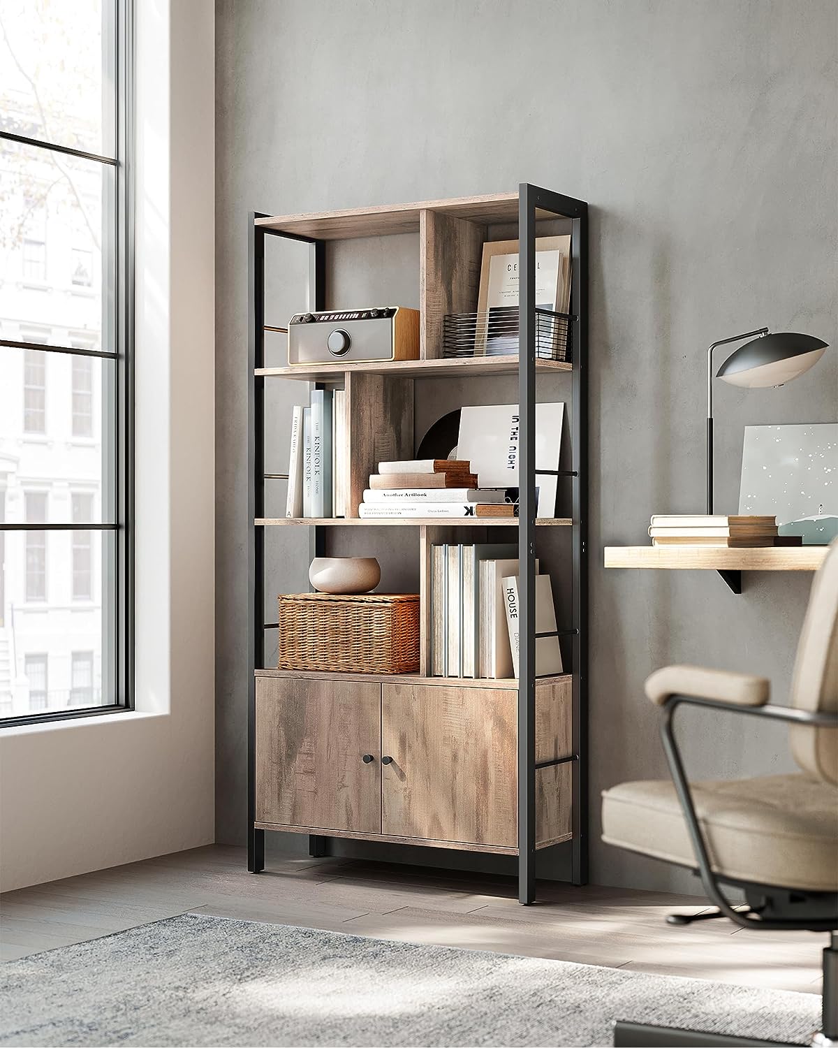 Bookshelf, Storage Shelf, Large Bookcase with Doors, 4 Shelves, Steel Structure, Industrial Style, for Living Room, Office, Toasted Oak Colour and Black