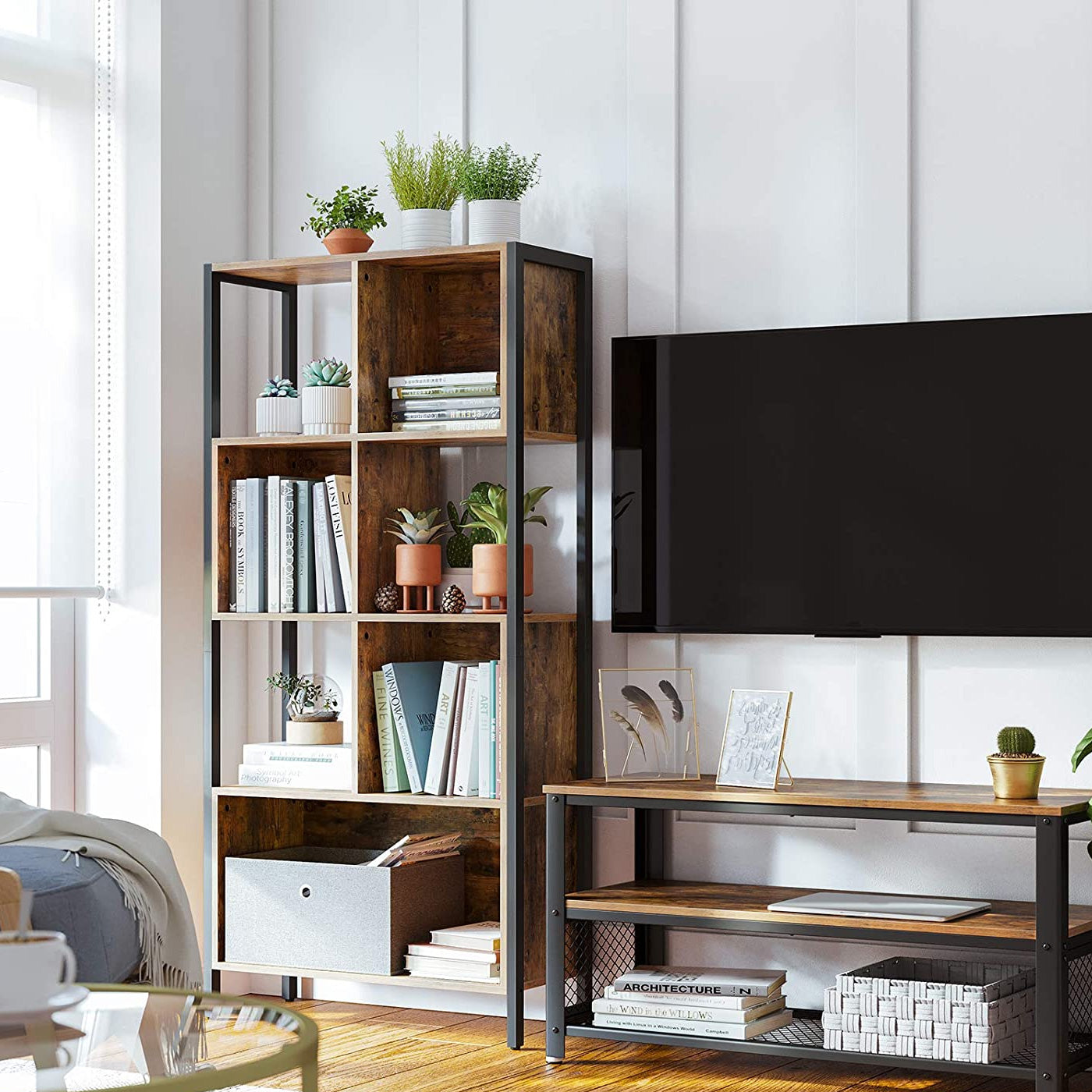 Bookshelf, Bookcase, Cube Storage Rack, Room Divider with Steel Frame, Kids Room, Kitchen, Living Room, Home Office, Industrial Style, Rustic Brown and Black