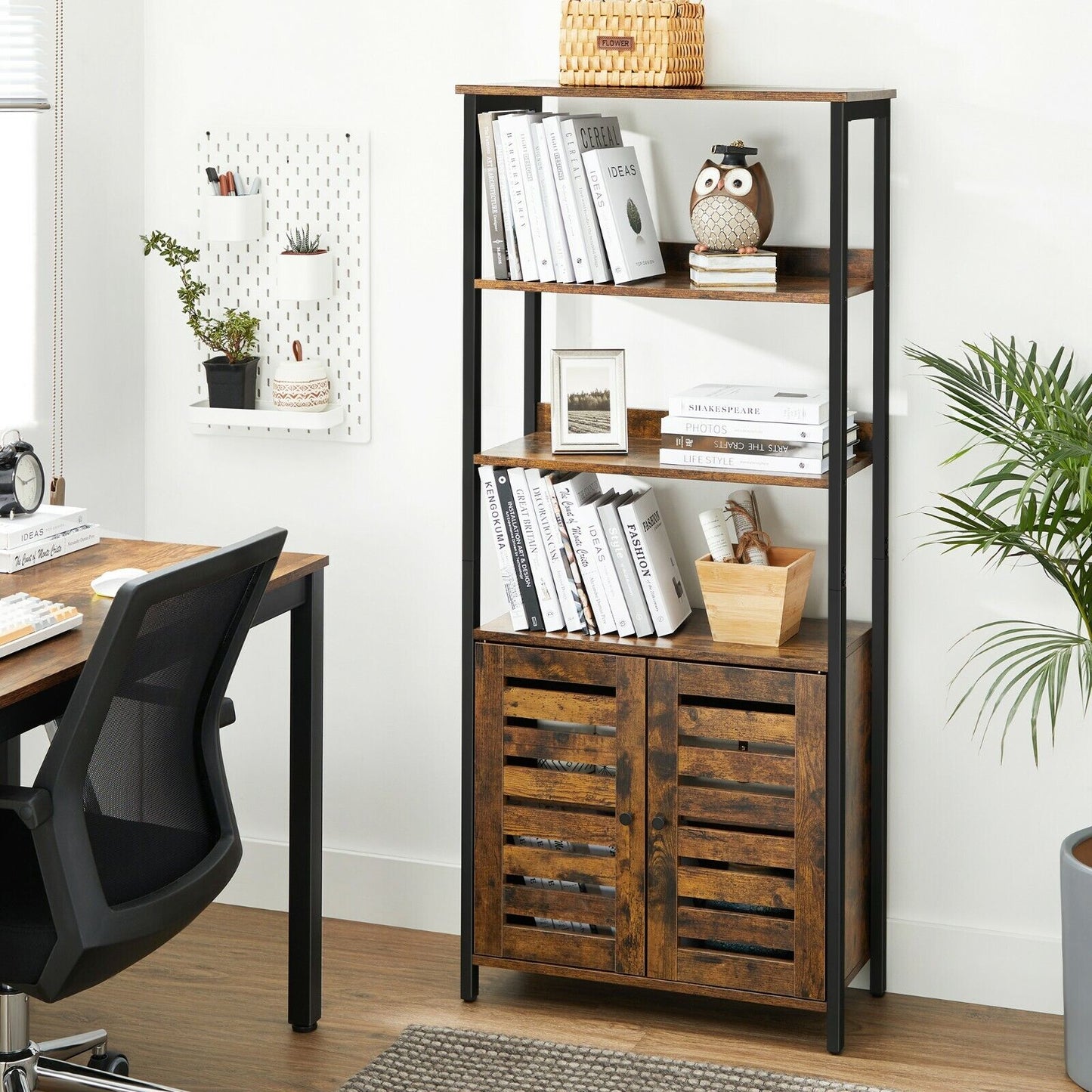 Bookcase, Storage Cabinet, with Louvred Doors, for Office, Living Room, Studio, Bedroom, 66 x 30 x 148.9 cm, Industrial Style, Rustic Brown and Black