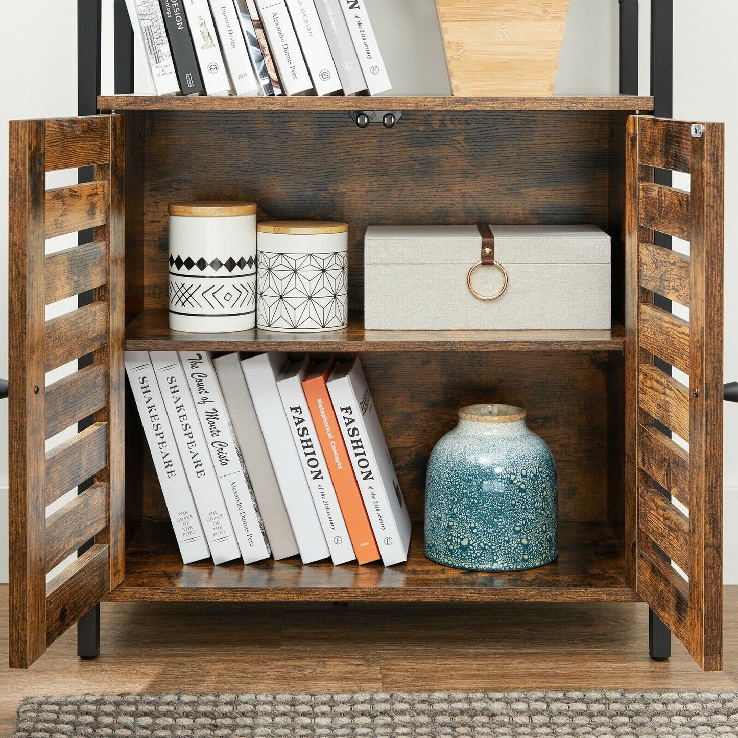 Bookcase, Storage Cabinet, with Louvred Doors, for Office, Living Room, Studio, Bedroom, 66 x 30 x 148.9 cm, Industrial Style, Rustic Brown and Black