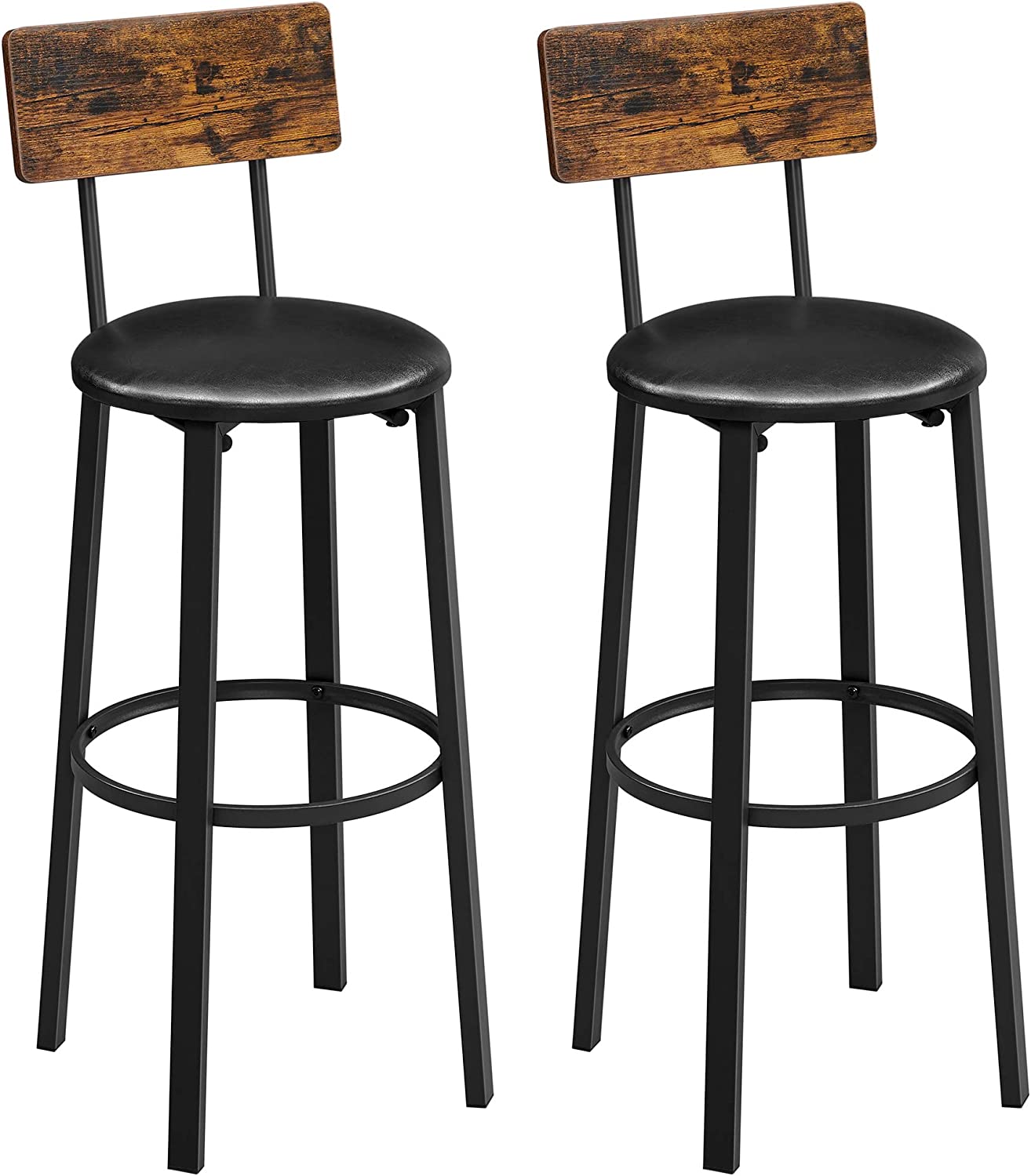 Set of 2 Bar Stools 39 x 39 x 100 cm with Footrest PU Cover Easy Assembly for Dining Room Kitchen Counter Bar Vintage Brown Black