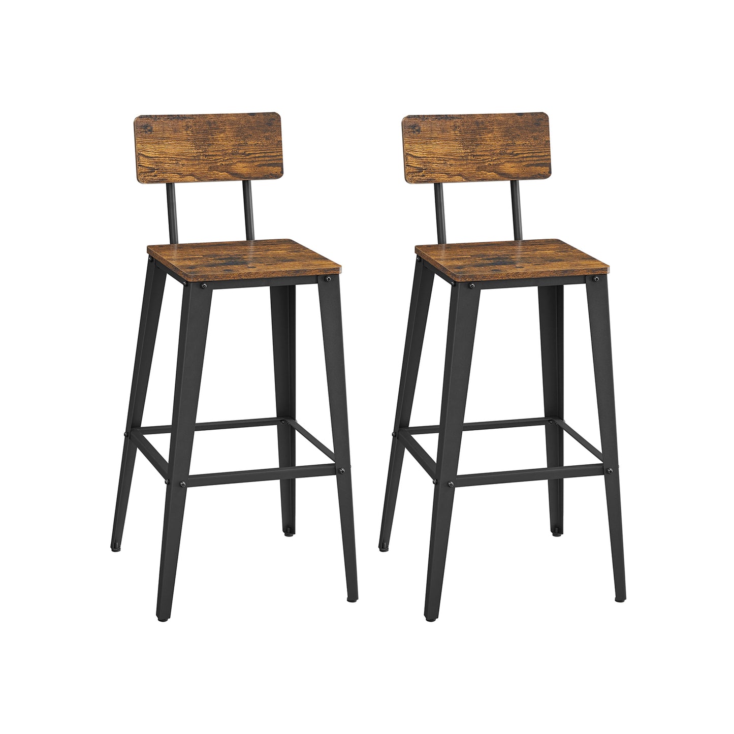 Set of 2 Bar Stools, Kitchen Chairs with Backrest, Steel Frame, Easy Assembly, Industrial Design, Vintage Brown/Black