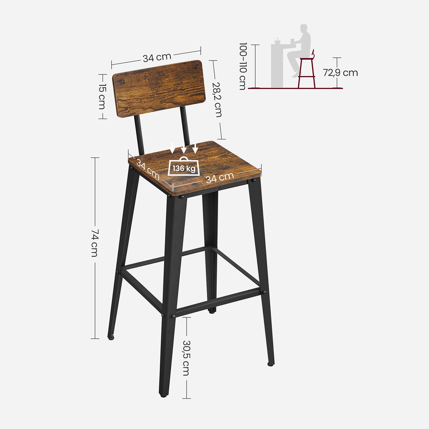 Set of 2 Bar Stools, Kitchen Chairs with Backrest, Steel Frame, Easy Assembly, Industrial Design, Vintage Brown/Black