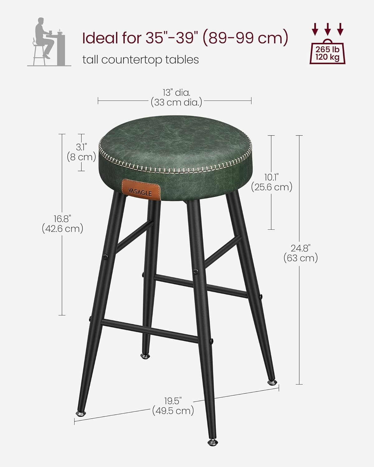 Echo Collection U Bar Stools, Set of 2, Kitchen Stools, Breakfast Stools, Stitched Faux Leather, 24.8" High, Home Bar, Dining Room, Easy Assembly, Forest Green