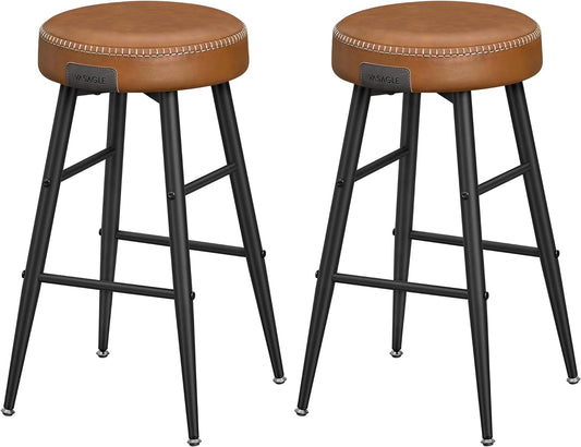 Echo Collection U Bar Stools, Set of 2, Kitchen Stools, Breakfast Stools, Stitched Faux Leather, 24.8" High, Home Bar, Dining Room, Easy Assembly, Caramel Brown