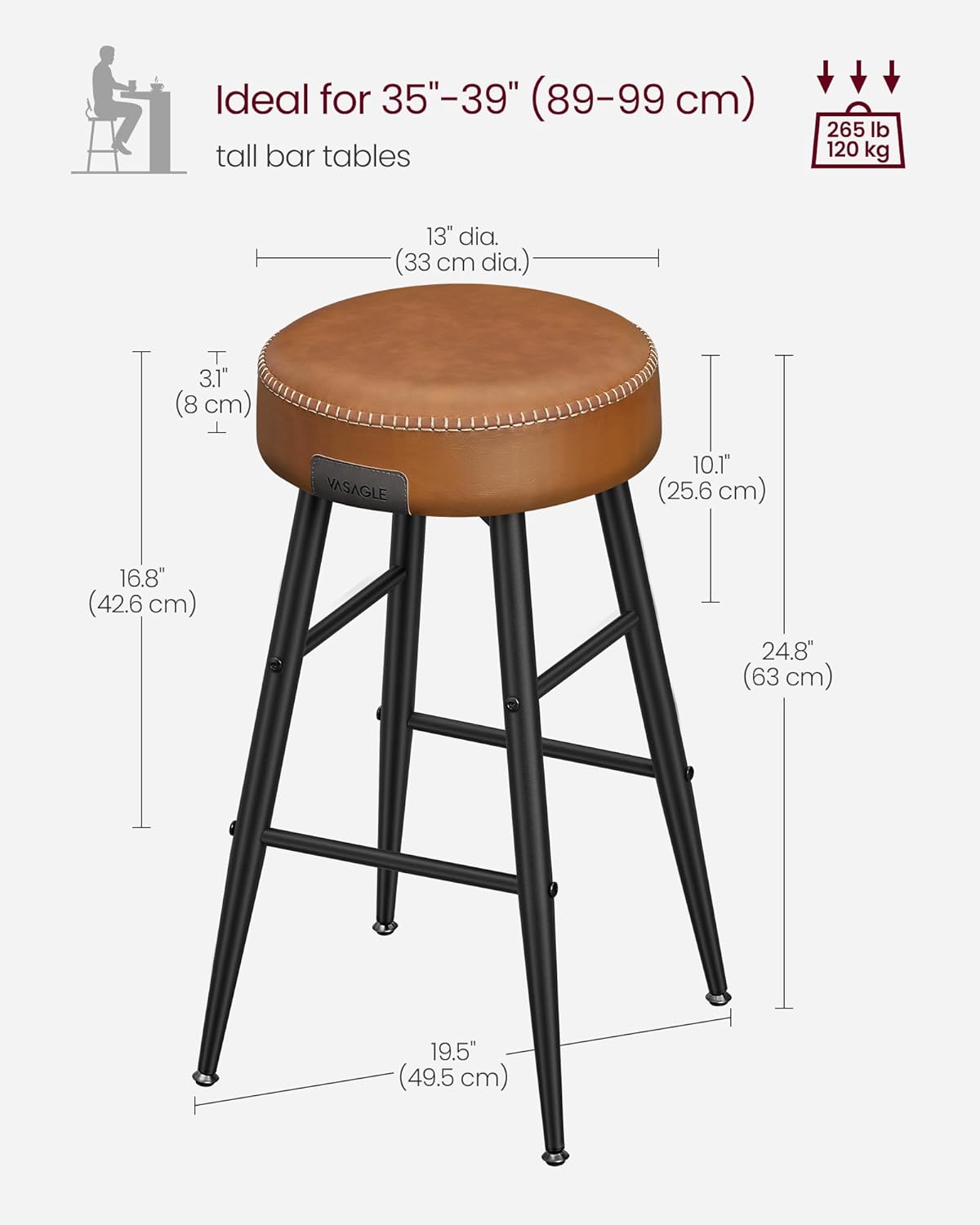 Echo Collection U Bar Stools, Set of 2, Kitchen Stools, Breakfast Stools, Stitched Faux Leather, 24.8" High, Home Bar, Dining Room, Easy Assembly, Caramel Brown