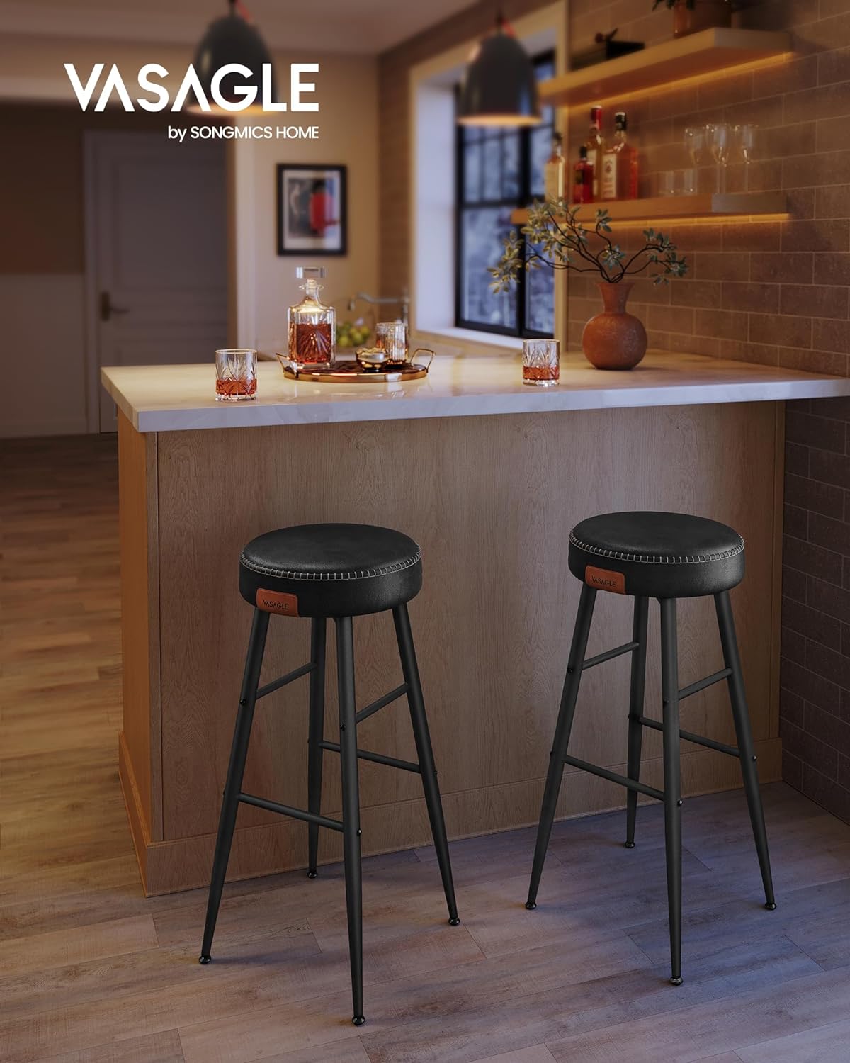 Echo Collection U Bar Stools, Set of 2, Kitchen Stools, Breakfast Stools, Stitched Faux Leather, 30" High, for Home, Bar, Dining Room, Easy Assembly, Simply Black