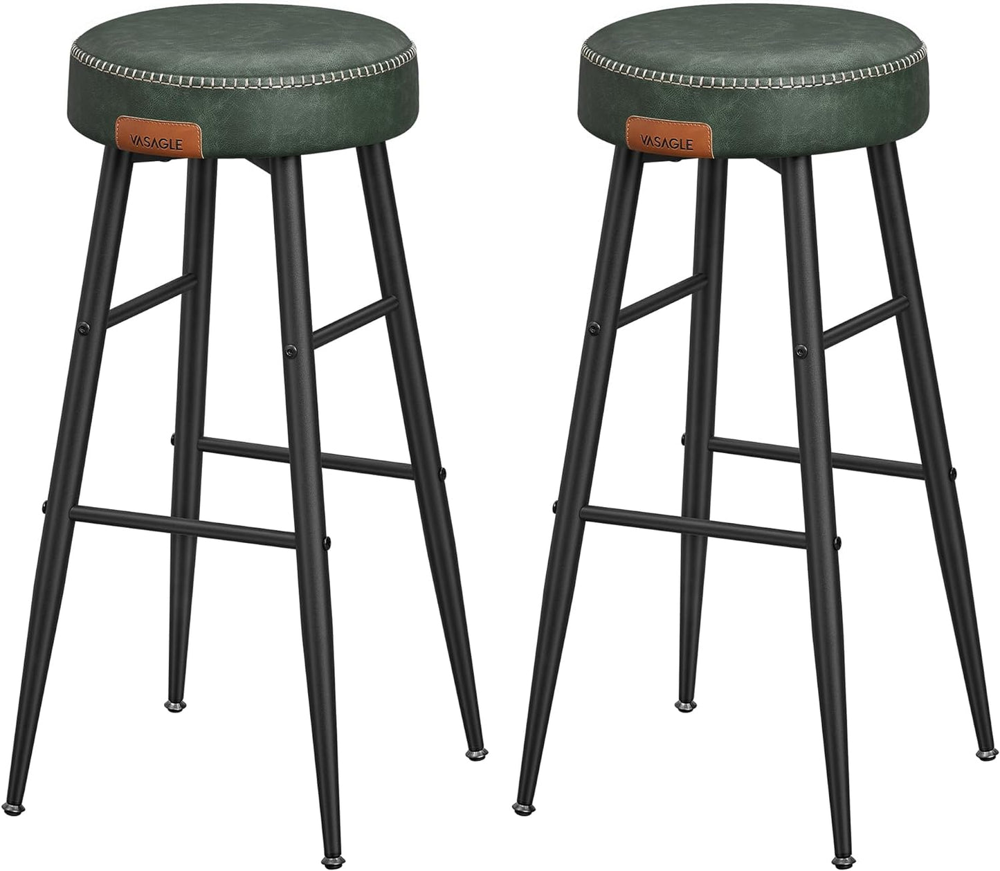 Echo Collection U Bar Stools, Set of 2, Kitchen Stools, Breakfast Stools, Stitched Faux Leather, 30" High, for Home, Bar, Dining Room, Easy Assembly, Forest Green