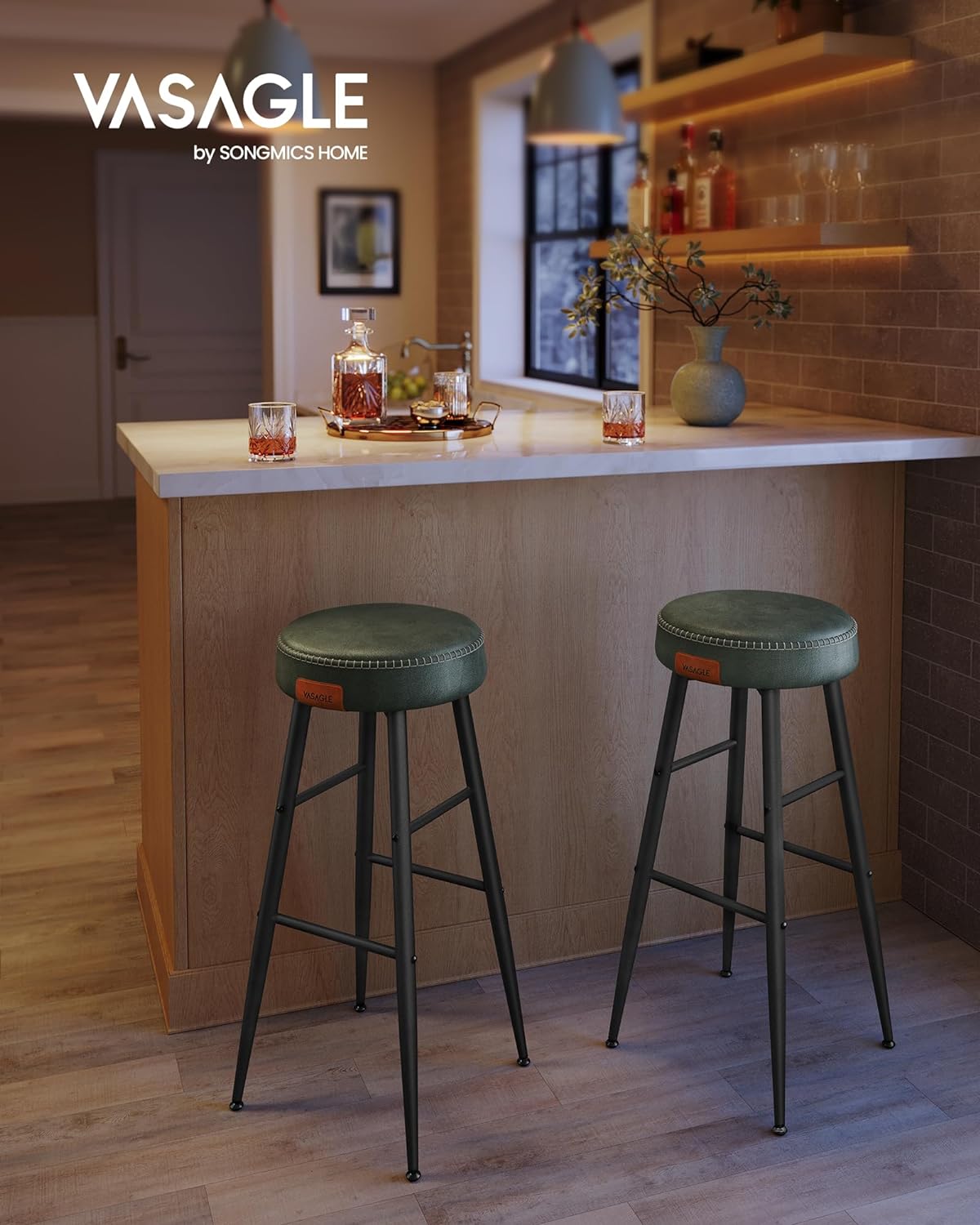 Echo Collection U Bar Stools, Set of 2, Kitchen Stools, Breakfast Stools, Stitched Faux Leather, 30" High, for Home, Bar, Dining Room, Easy Assembly, Forest Green