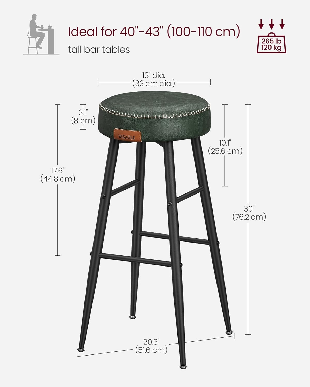 Echo Collection U Bar Stools, Set of 2, Kitchen Stools, Breakfast Stools, Stitched Faux Leather, 30" High, for Home, Bar, Dining Room, Easy Assembly, Forest Green