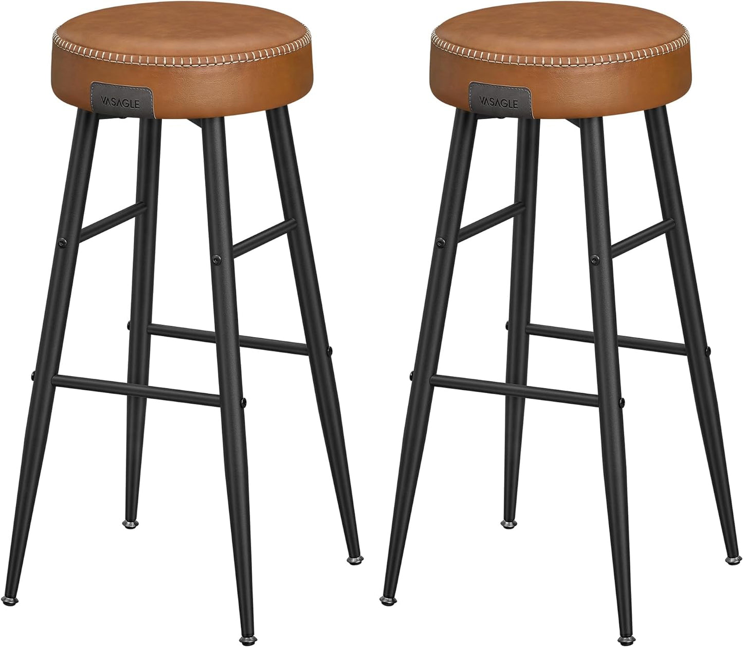 Echo Collection U Bar Stools, Set of 2, Kitchen Stools, Breakfast Stools, Stitched Faux Leather, 30" High, for Home, Bar, Dining Room, Easy Assembly, Caramel Brown