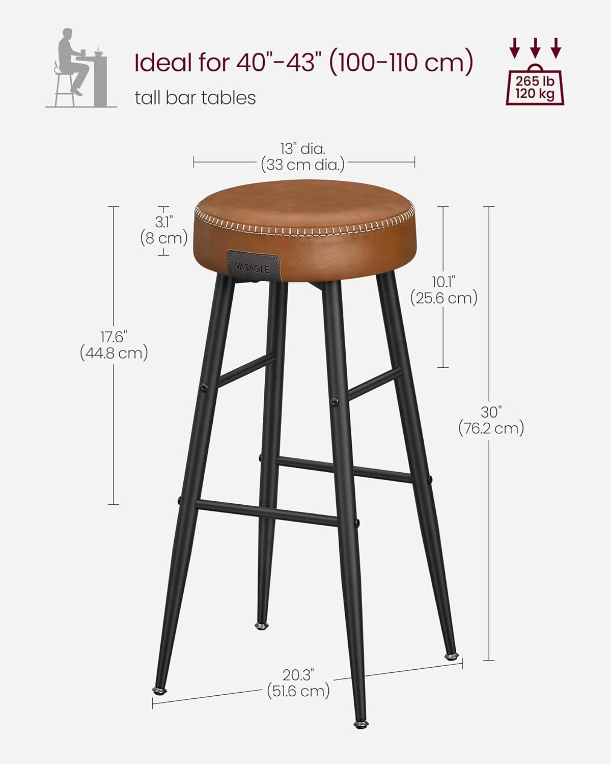 Echo Collection U Bar Stools, Set of 2, Kitchen Stools, Breakfast Stools, Stitched Faux Leather, 30" High, for Home, Bar, Dining Room, Easy Assembly, Caramel Brown