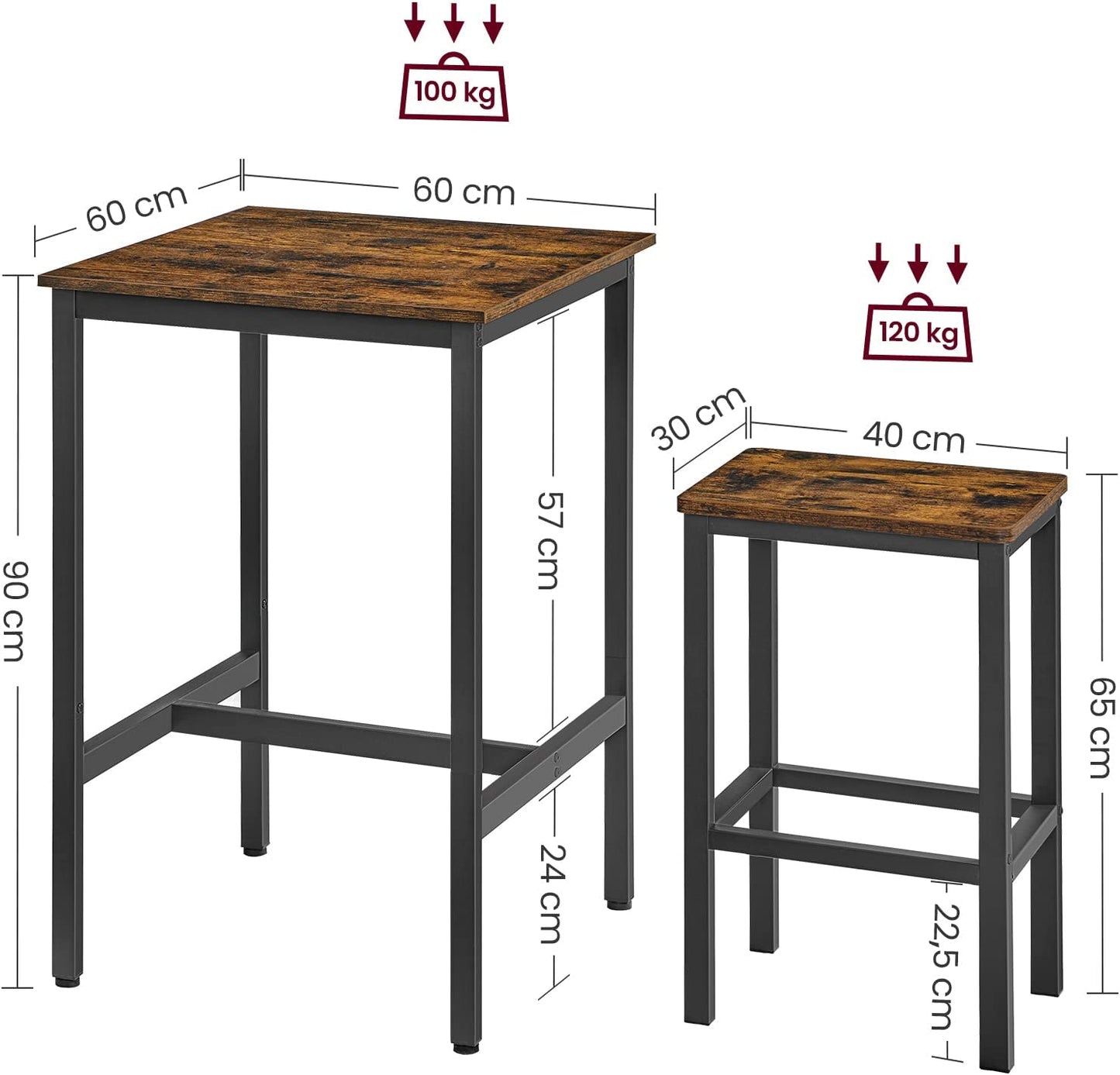 Bar Table with Bar Stool Set, Dining Table with 2 Chairs, Kitchen Table Small 60 x 60 x 90 cm, Bar Chairs 30 x 40 x 65 cm, for Dining Room, Kitchen, Industrial Design, Vintage Brown/Black