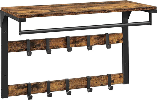 Wall Mounted Coat Rack with Shelf with 10 Removable Hooks Wall Mount 2 Bars Clothes Rail for Hallway Bedroom Bathroom Vintage Black