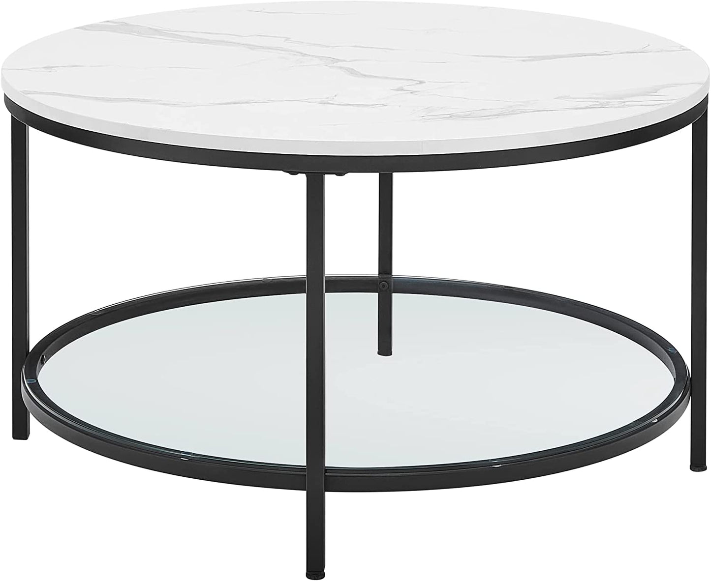 Coffee Table, Living Room Table, Sofa Table, with Glass Top, Large Storage Space, Easy Assembly, Modern Style, White Marble Effect, Black Frame