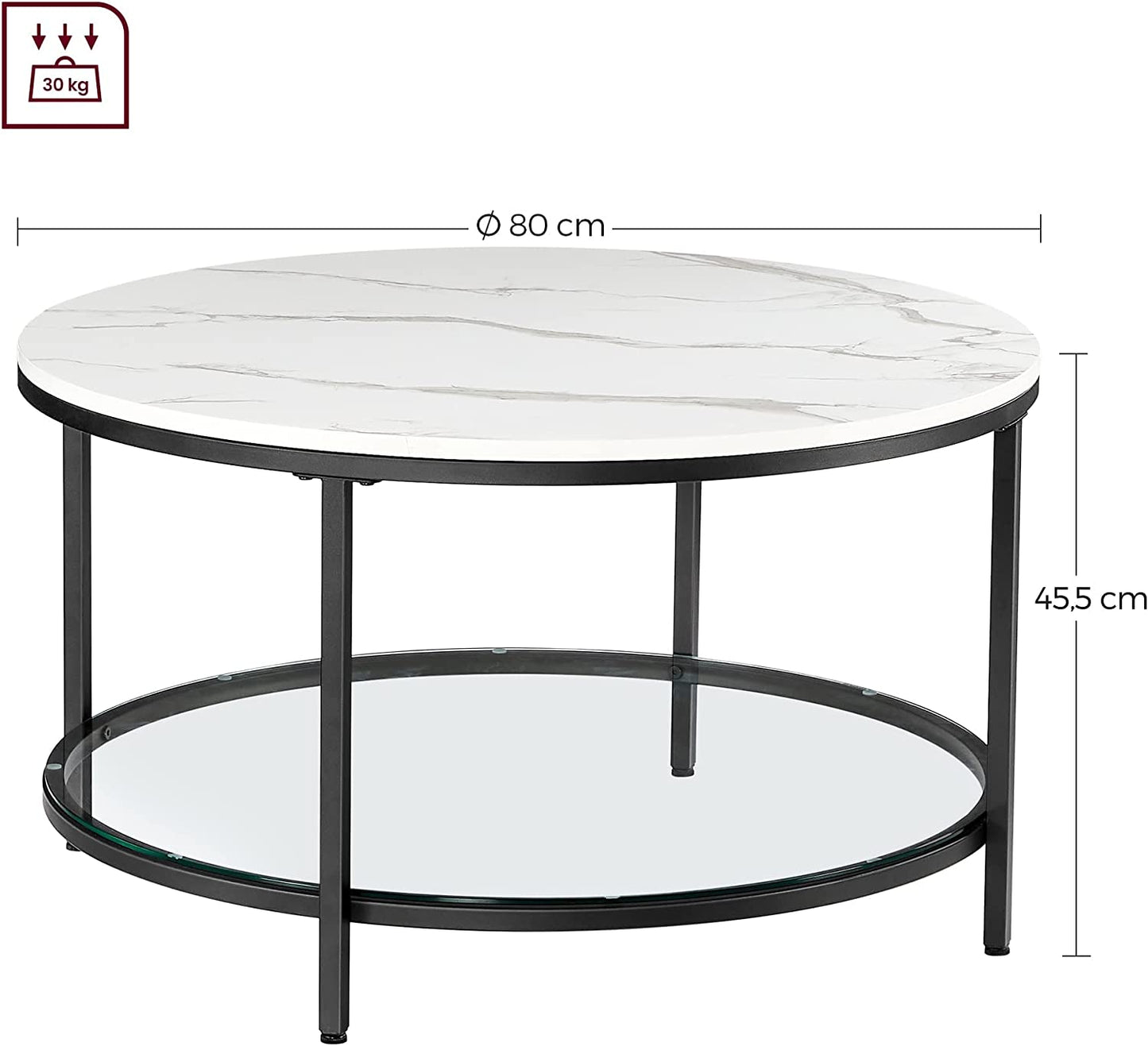 Coffee Table, Living Room Table, Sofa Table, with Glass Top, Large Storage Space, Easy Assembly, Modern Style, White Marble Effect, Black Frame