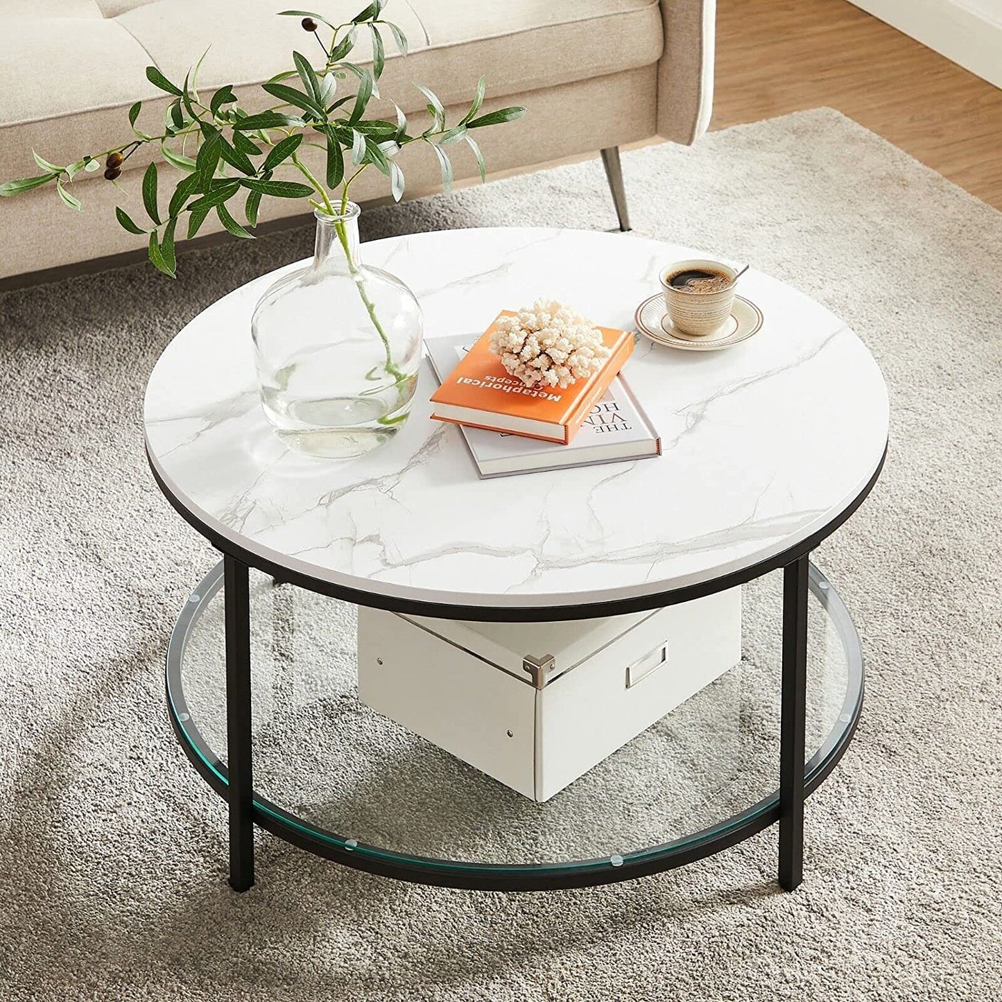 Coffee Table, Living Room Table, Sofa Table, with Glass Top, Large Storage Space, Easy Assembly, Modern Style, White Marble Effect, Black Frame