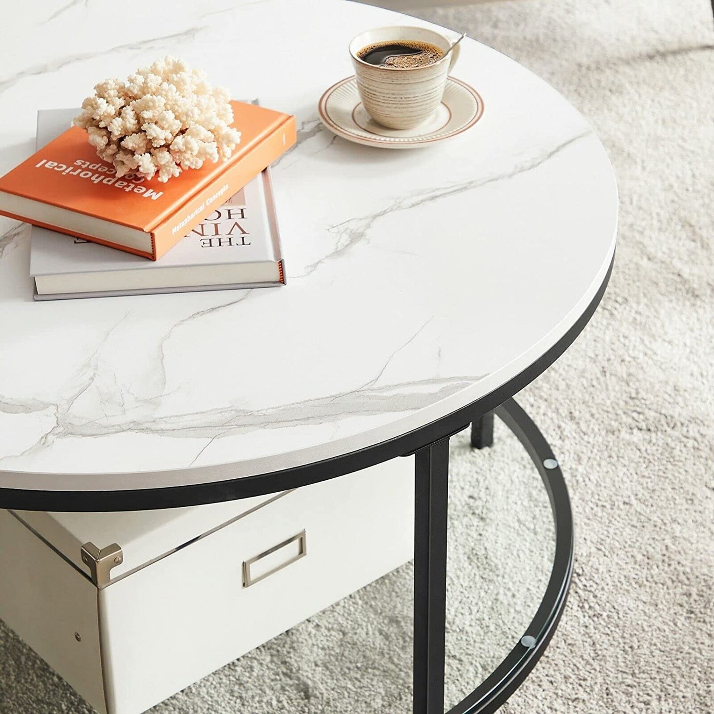 Coffee Table, Living Room Table, Sofa Table, with Glass Top, Large Storage Space, Easy Assembly, Modern Style, White Marble Effect, Black Frame