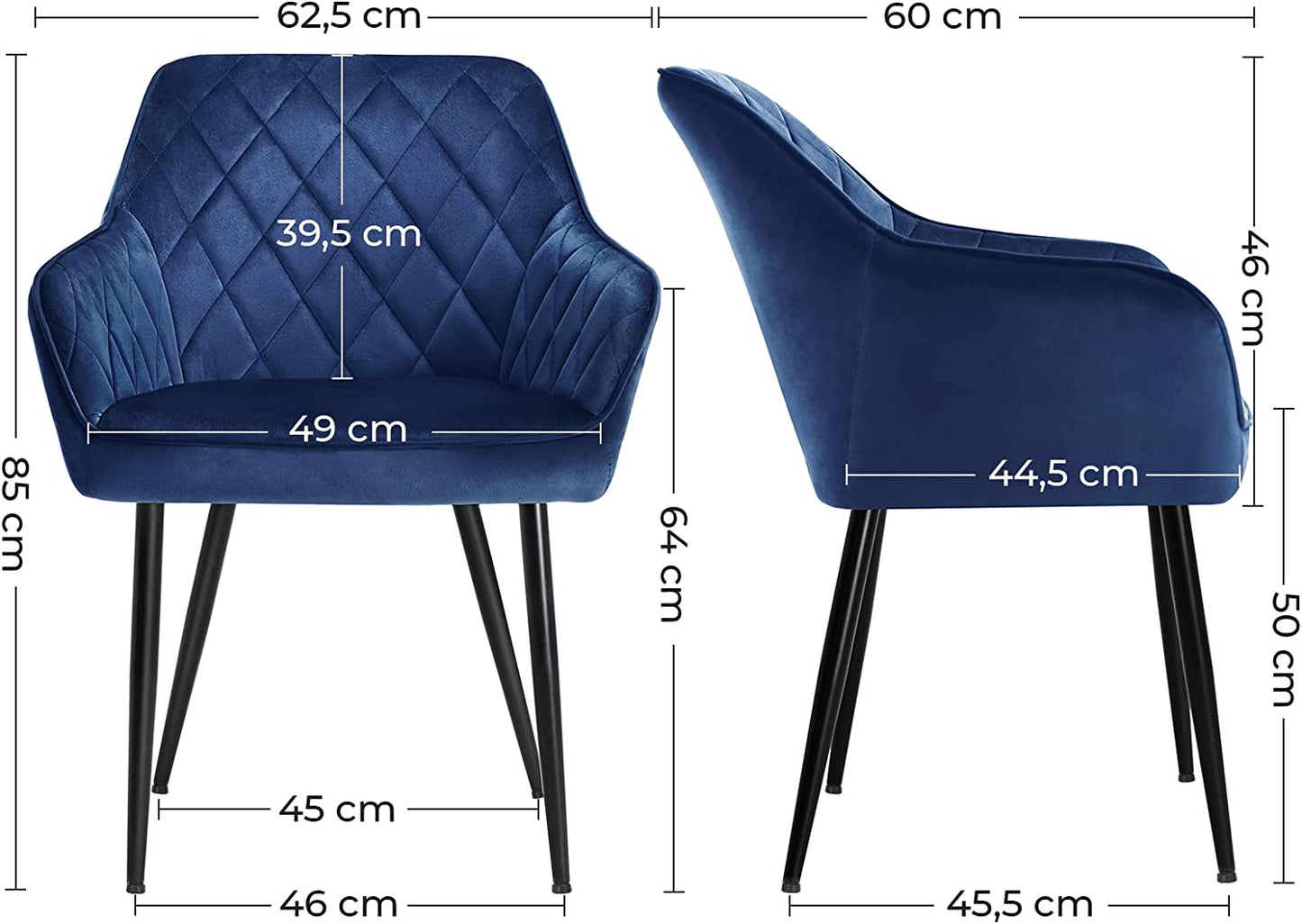 dining chair, armchair, upholstered seat, with armrests, seat width 49 cm, metal legs, velvet upholstery, load capacity 110 kg, for living room, bedroom, blue LDC088Q01