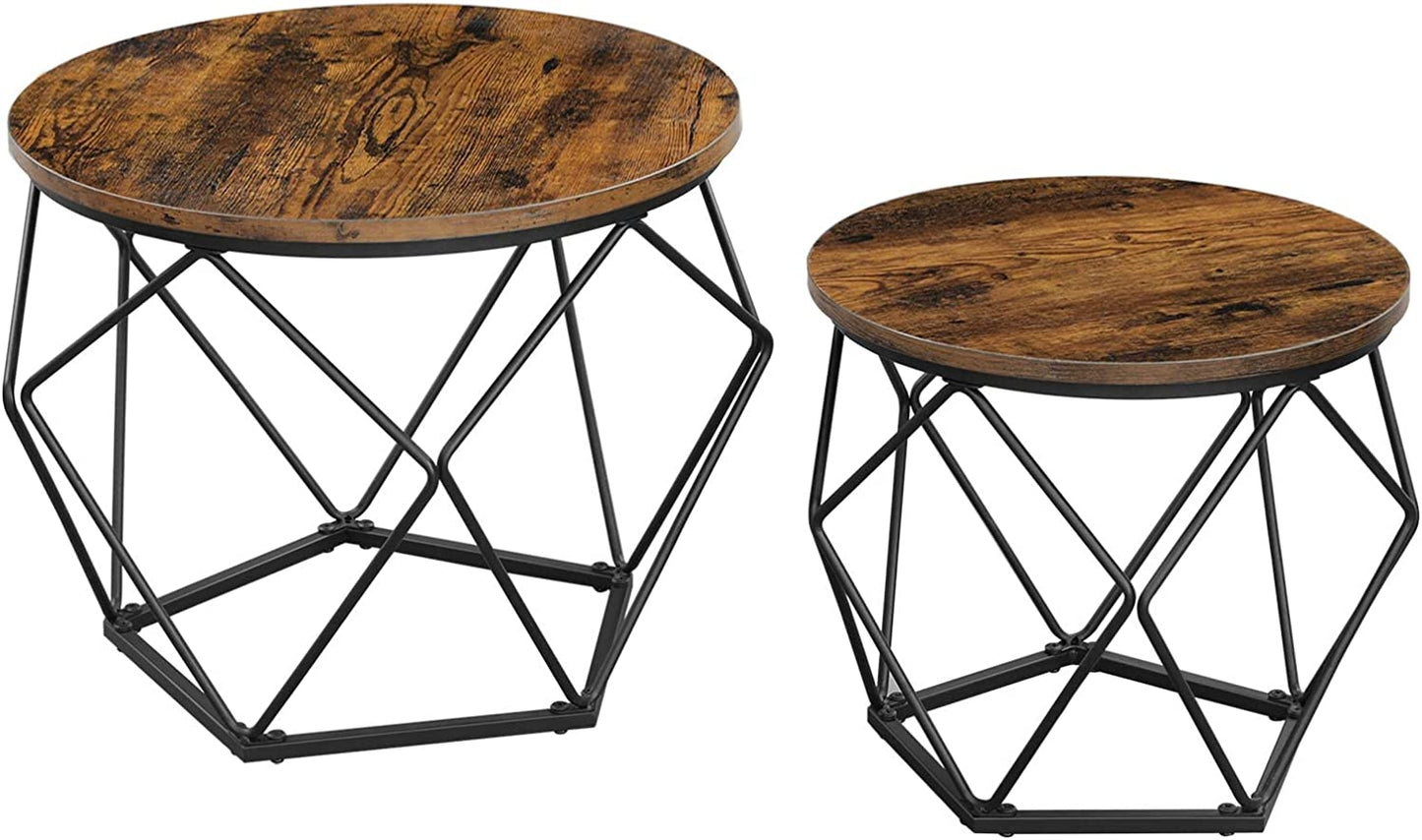 Coffee Tables, Set of 2 Side Tables, Robust Steel Frame, for Living Room, Bedroom, Rustic Brown and Black LET040B01