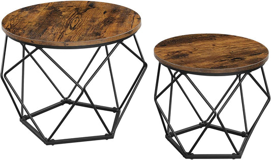 Coffee Tables, Set of 2 Side Tables, Robust Steel Frame, for Living Room, Bedroom, Rustic Brown and Black LET040B01