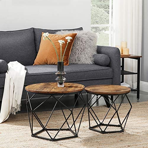 Coffee Tables, Set of 2 Side Tables, Robust Steel Frame, for Living Room, Bedroom, Rustic Brown and Black LET040B01