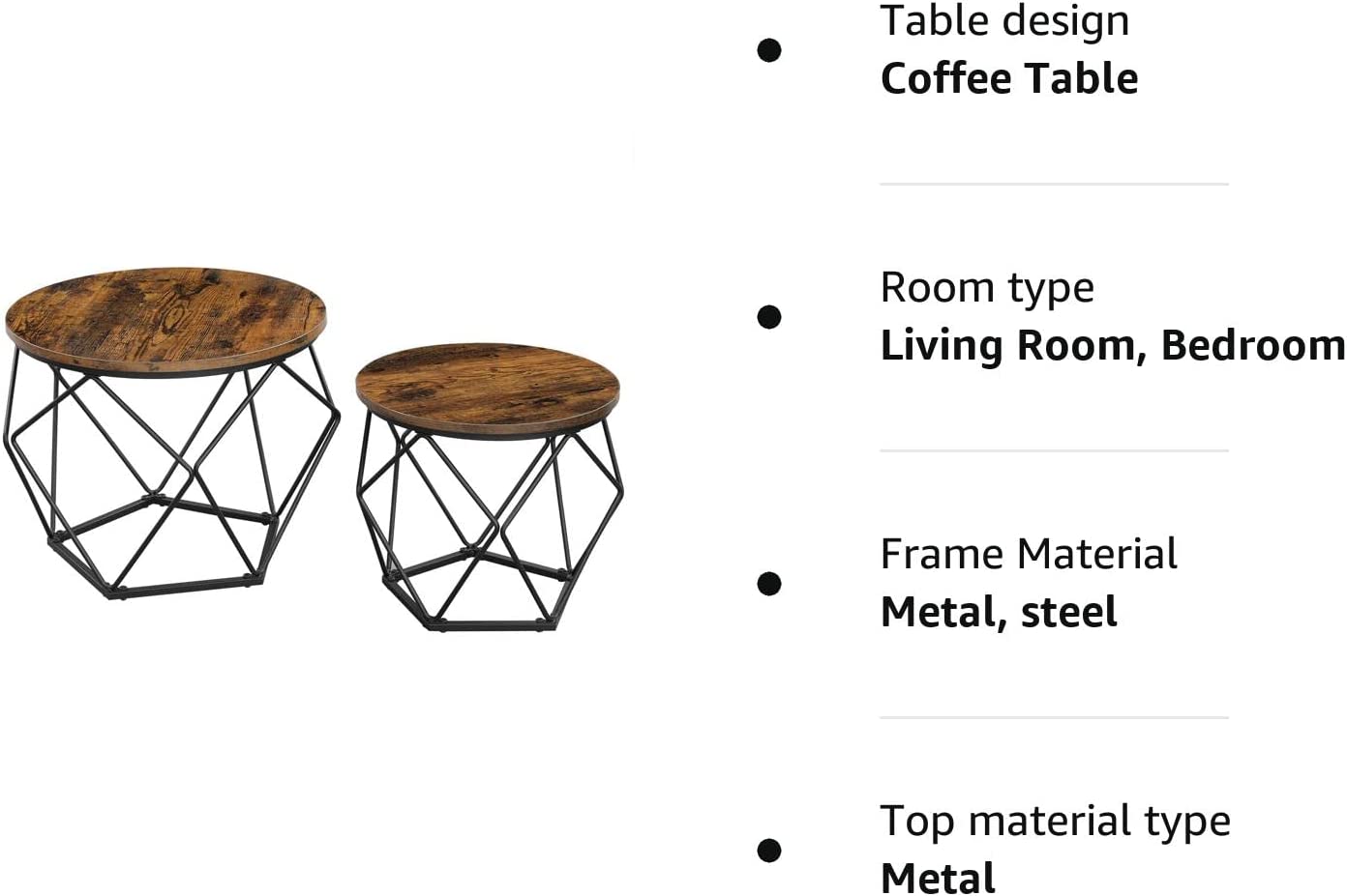 Coffee Tables, Set of 2 Side Tables, Robust Steel Frame, for Living Room, Bedroom, Rustic Brown and Black LET040B01