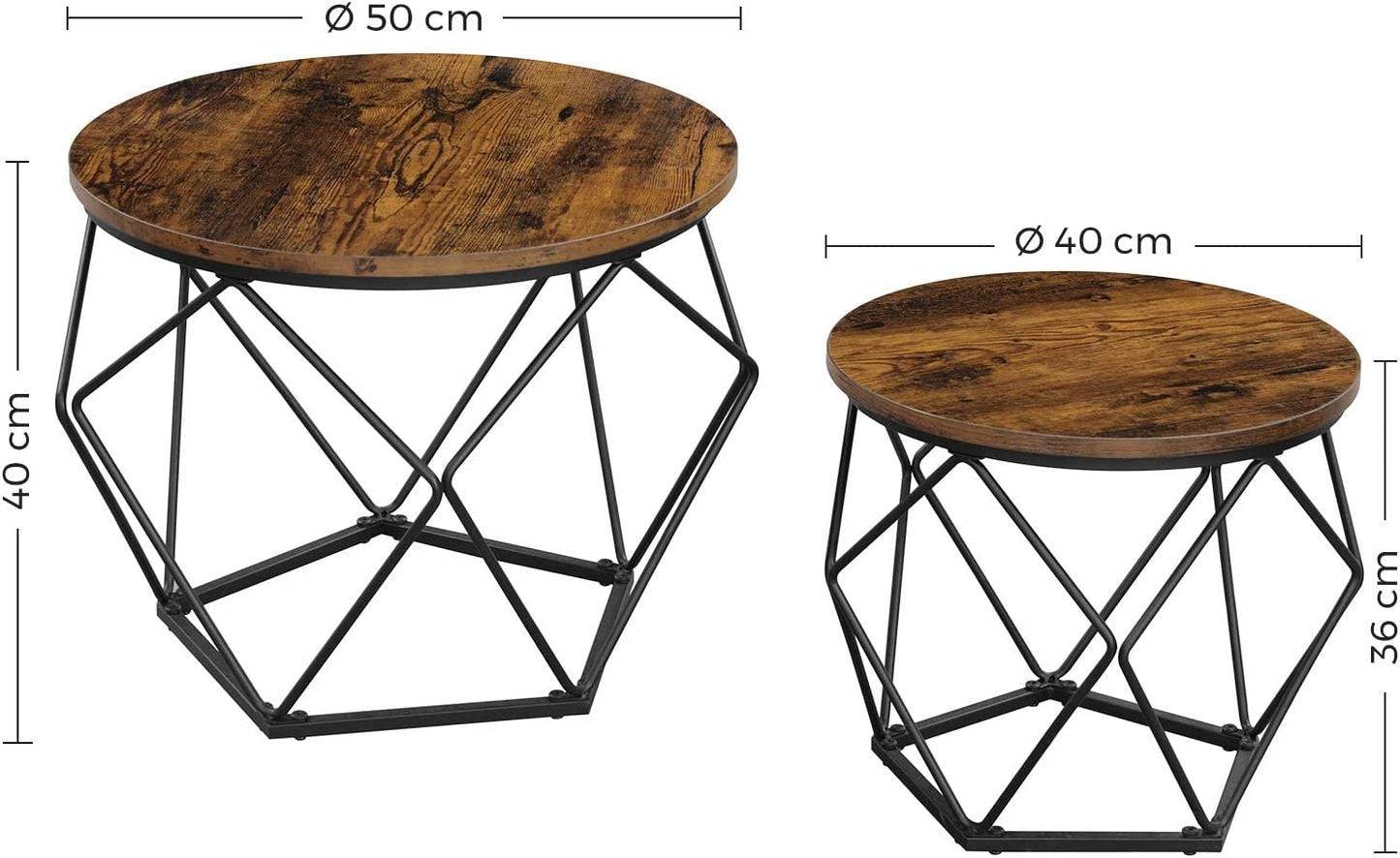 Coffee Tables, Set of 2 Side Tables, Robust Steel Frame, for Living Room, Bedroom, Rustic Brown and Black LET040B01