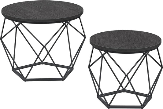 Round Coffee Tables, Set of 2 Side Tables, Modern Style, Removable Tabletop, Steel Frame, for Living Room, Black