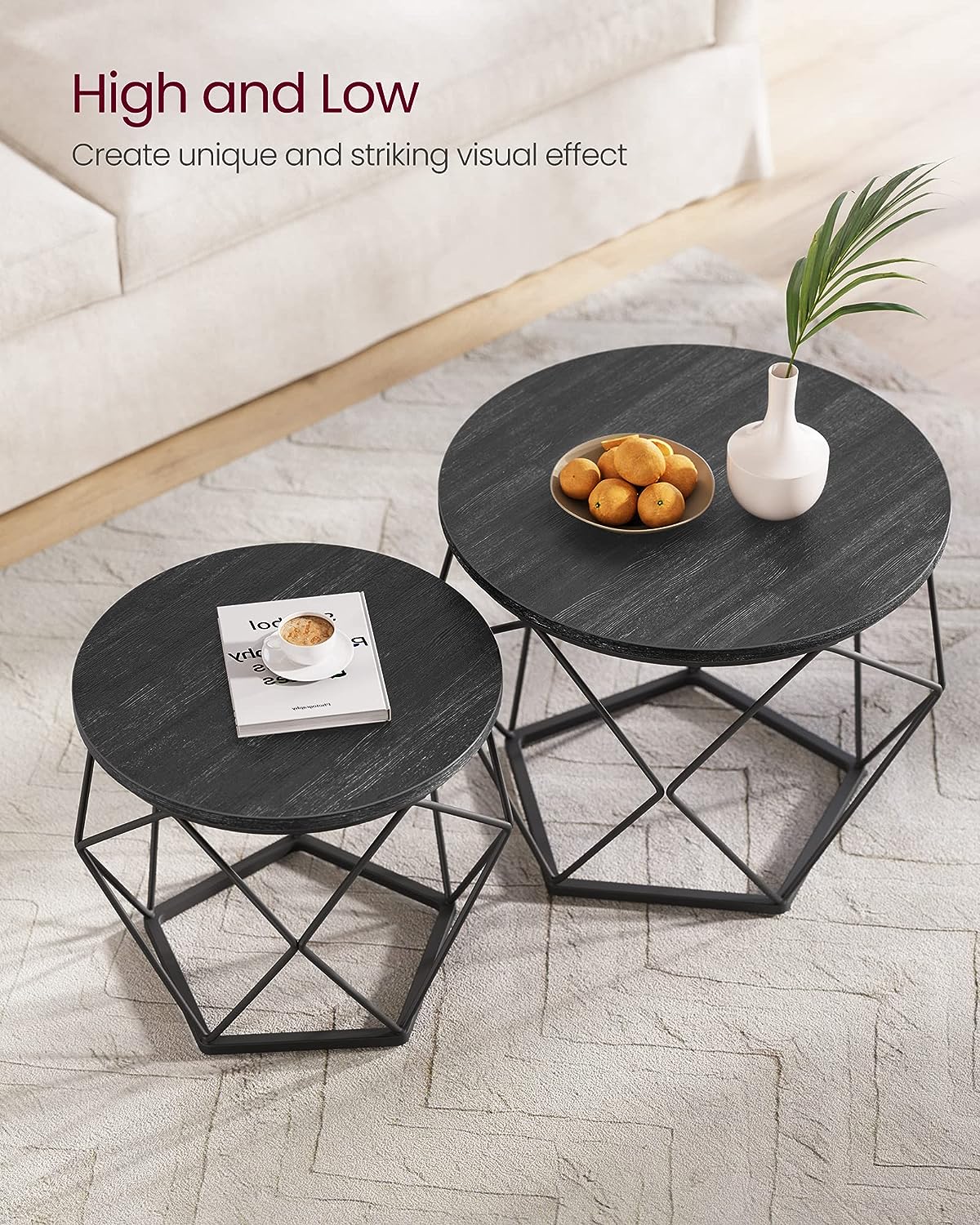 Round Coffee Tables, Set of 2 Side Tables, Modern Style, Removable Tabletop, Steel Frame, for Living Room, Black