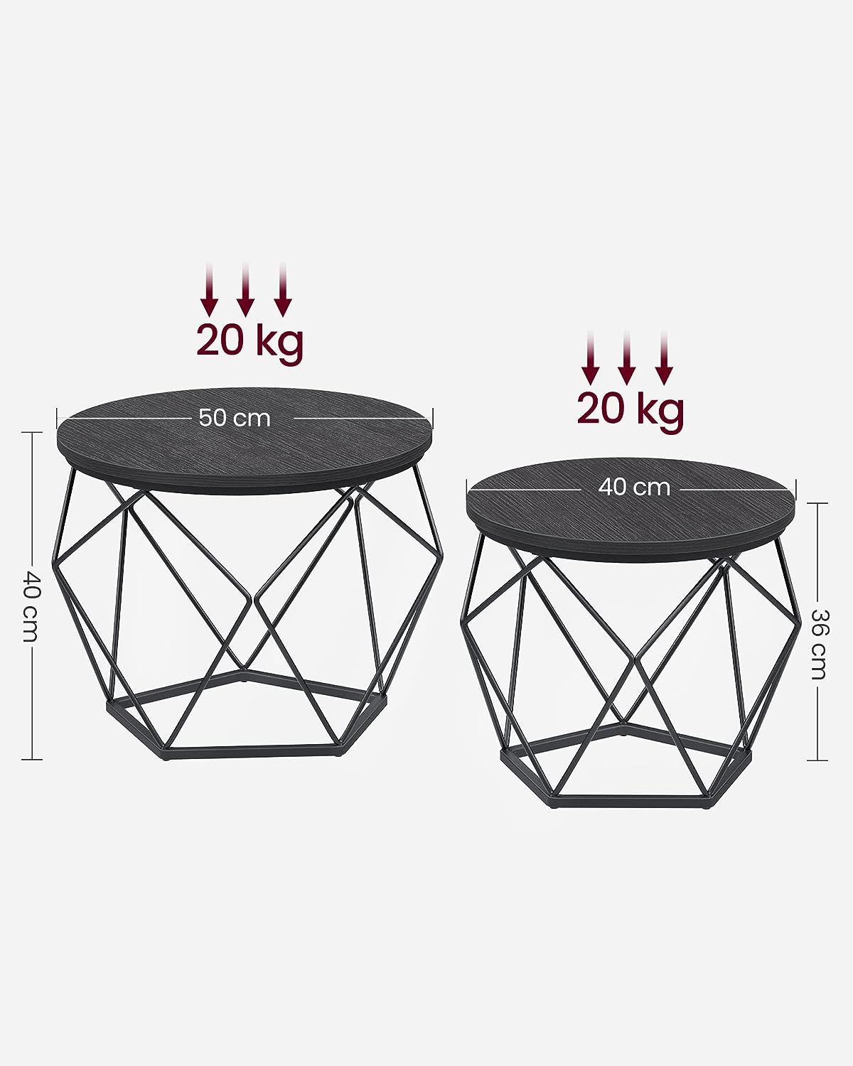 Round Coffee Tables, Set of 2 Side Tables, Modern Style, Removable Tabletop, Steel Frame, for Living Room, Black