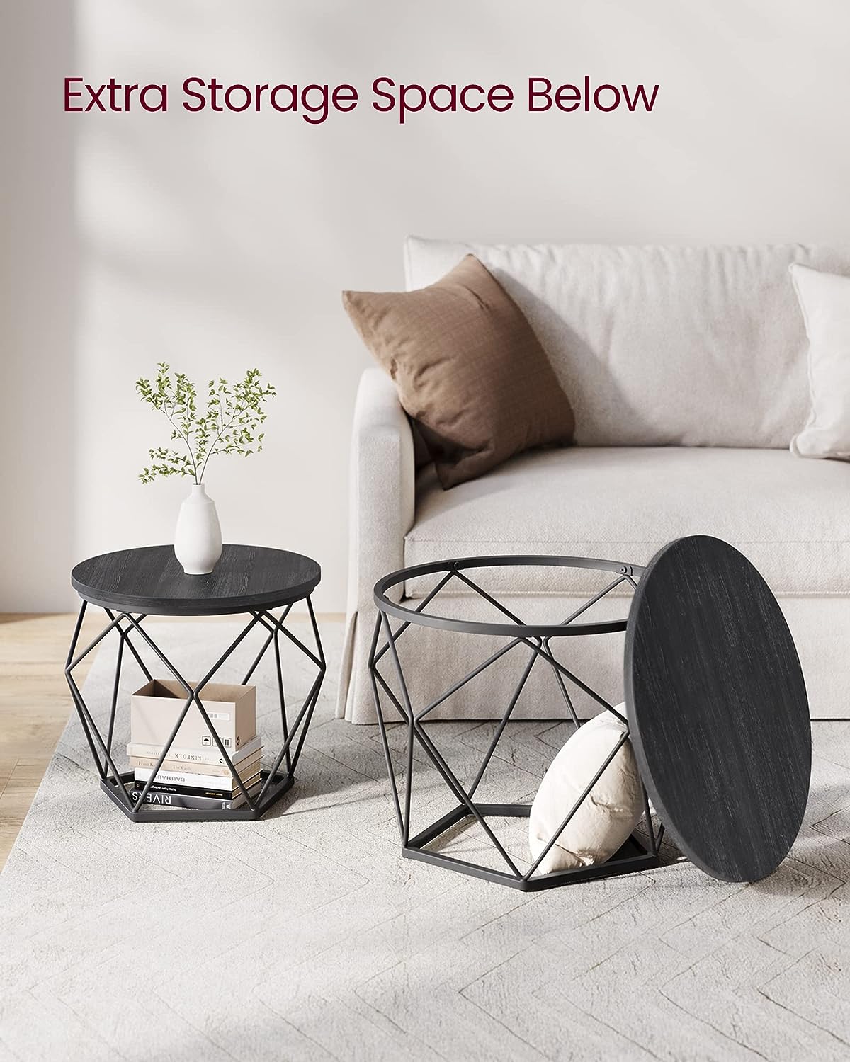 Round Coffee Tables, Set of 2 Side Tables, Modern Style, Removable Tabletop, Steel Frame, for Living Room, Black