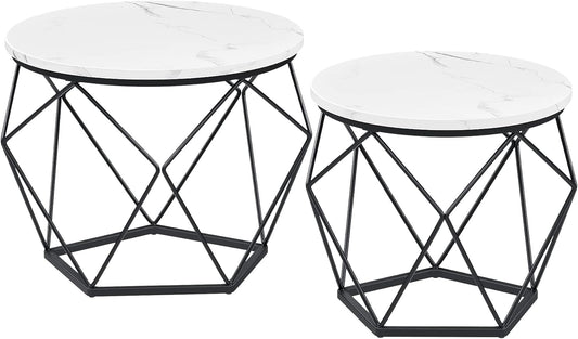 Round Coffee Tables, Set of 2 Side Tables, Modern Style, Removable Tabletop, Steel Frame, for Living Room, White and Black