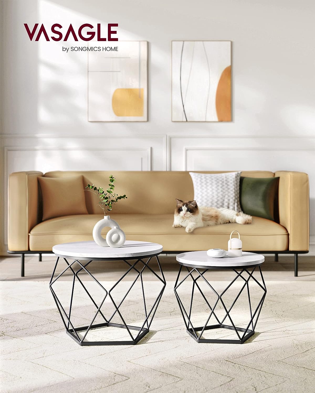 Round Coffee Tables, Set of 2 Side Tables, Modern Style, Removable Tabletop, Steel Frame, for Living Room, White and Black