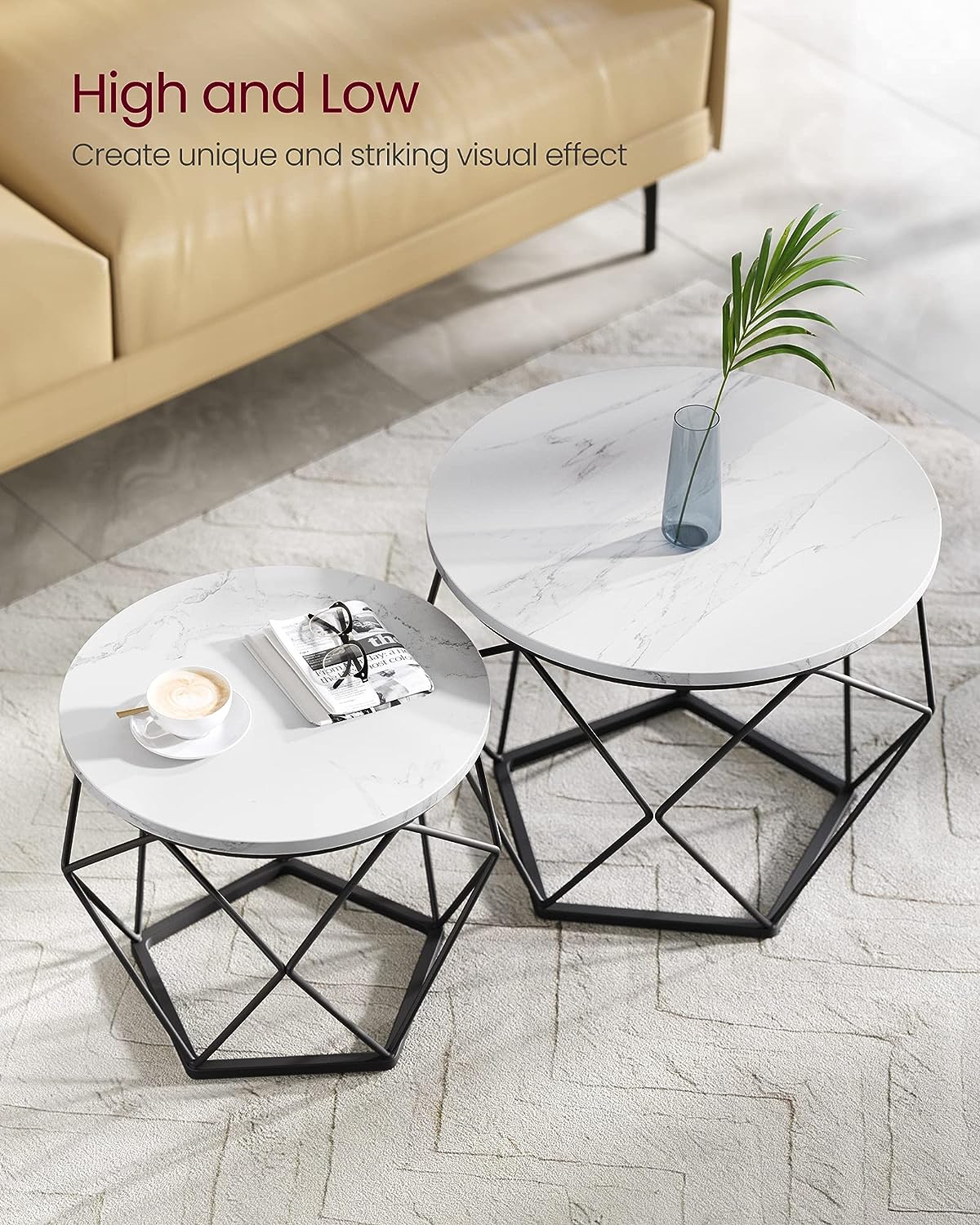 Round Coffee Tables, Set of 2 Side Tables, Modern Style, Removable Tabletop, Steel Frame, for Living Room, White and Black