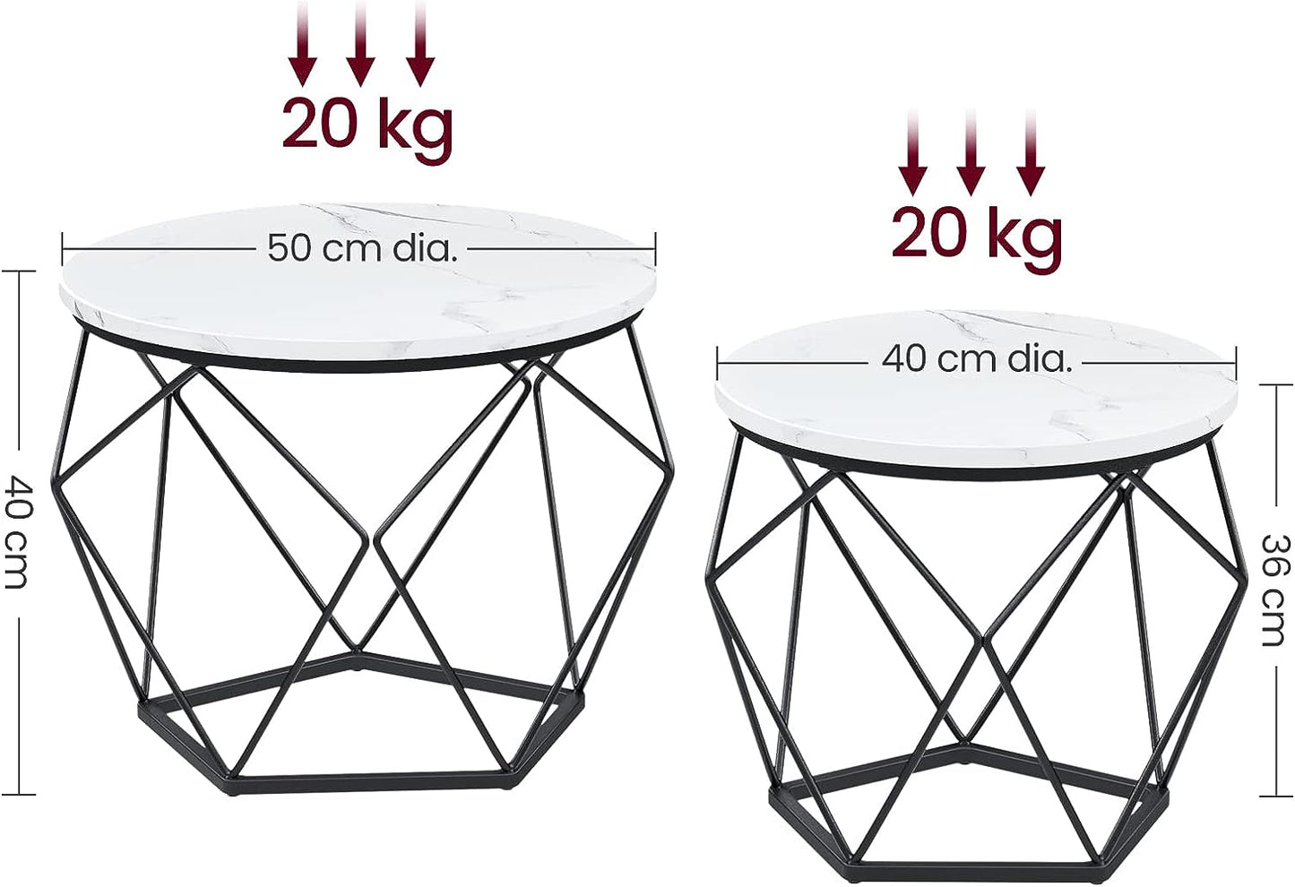 Round Coffee Tables, Set of 2 Side Tables, Modern Style, Removable Tabletop, Steel Frame, for Living Room, White and Black