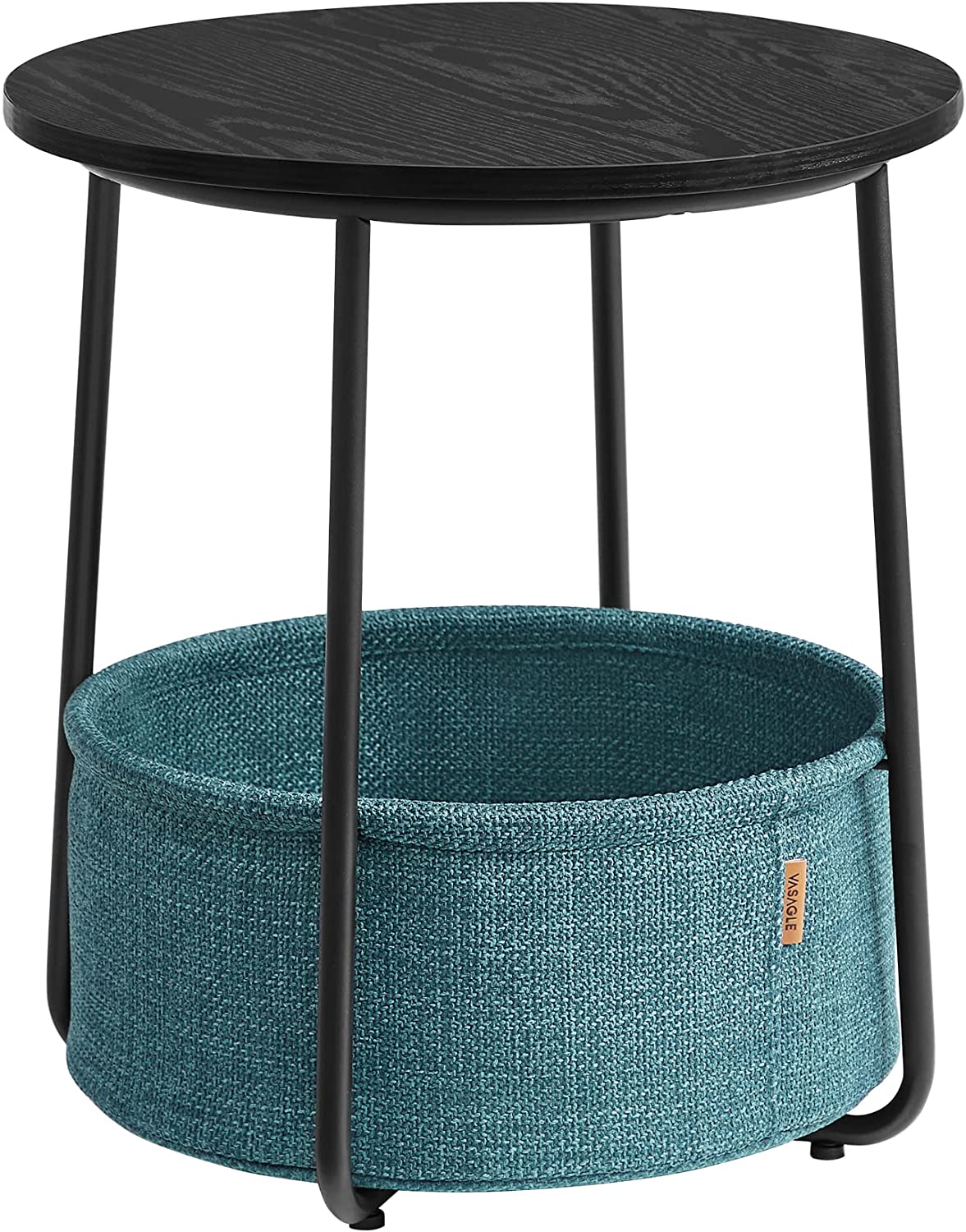 Side Table, Round End Table with Fabric Basket, Spacious, for Living Room Bedroom, Bedside Table, Modern Style, Black with Wood Grain and Dark Turquoise