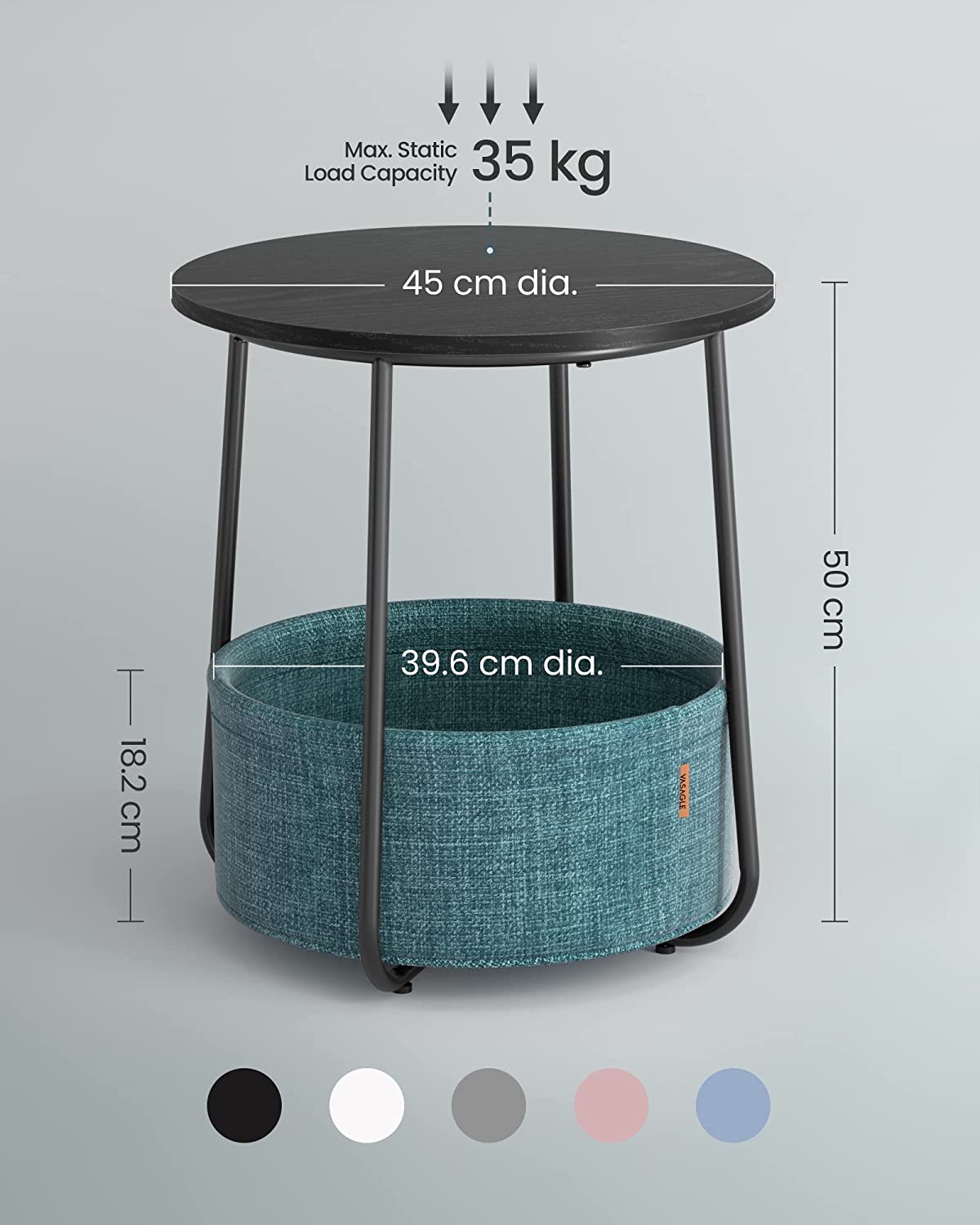 Side Table, Round End Table with Fabric Basket, Spacious, for Living Room Bedroom, Bedside Table, Modern Style, Black with Wood Grain and Dark Turquoise