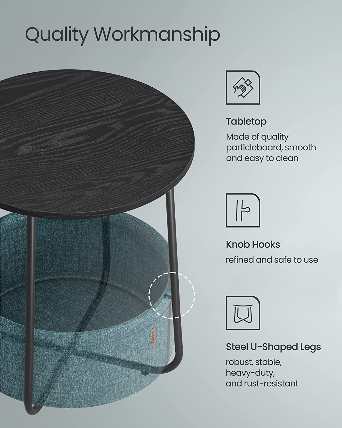 Side Table, Round End Table with Fabric Basket, Spacious, for Living Room Bedroom, Bedside Table, Modern Style, Black with Wood Grain and Dark Turquoise