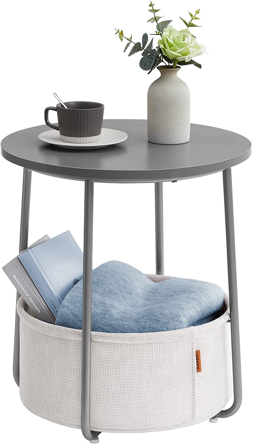 Petite Table Basse Ronde, Table d’Appoint avec Panier en Tissu, Rangement, pour Salon, Chambre, Table de Chevet, Style Moderne, Gris Ciment et Blanc Nuage