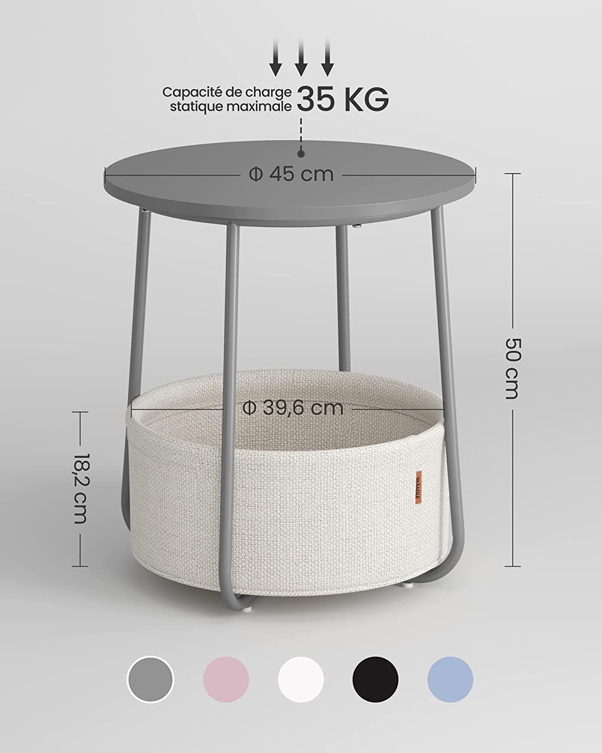 Petite Table Basse Ronde, Table d’Appoint avec Panier en Tissu, Rangement, pour Salon, Chambre, Table de Chevet, Style Moderne, Gris Ciment et Blanc Nuage