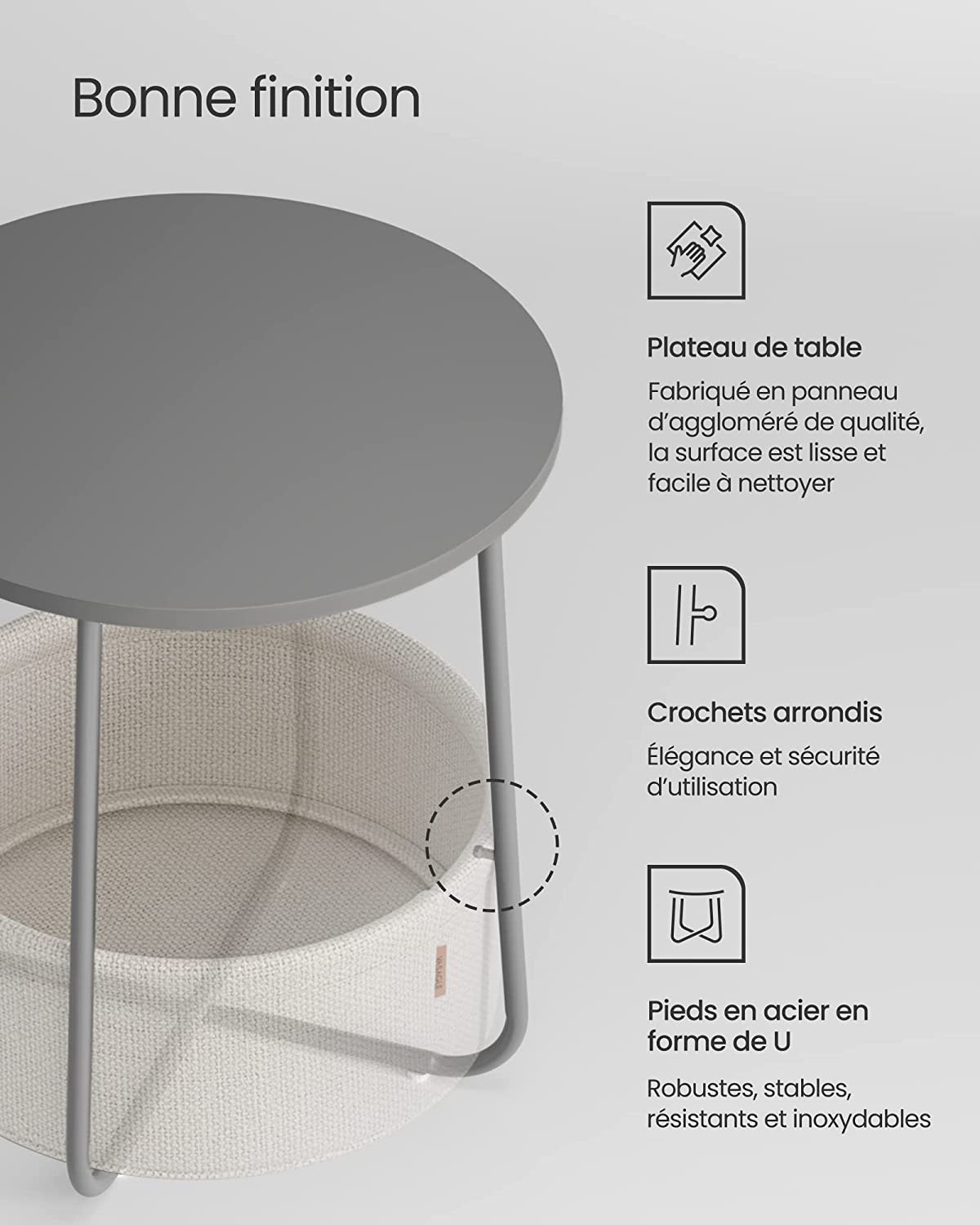 Petite Table Basse Ronde, Table d’Appoint avec Panier en Tissu, Rangement, pour Salon, Chambre, Table de Chevet, Style Moderne, Gris Ciment et Blanc Nuage