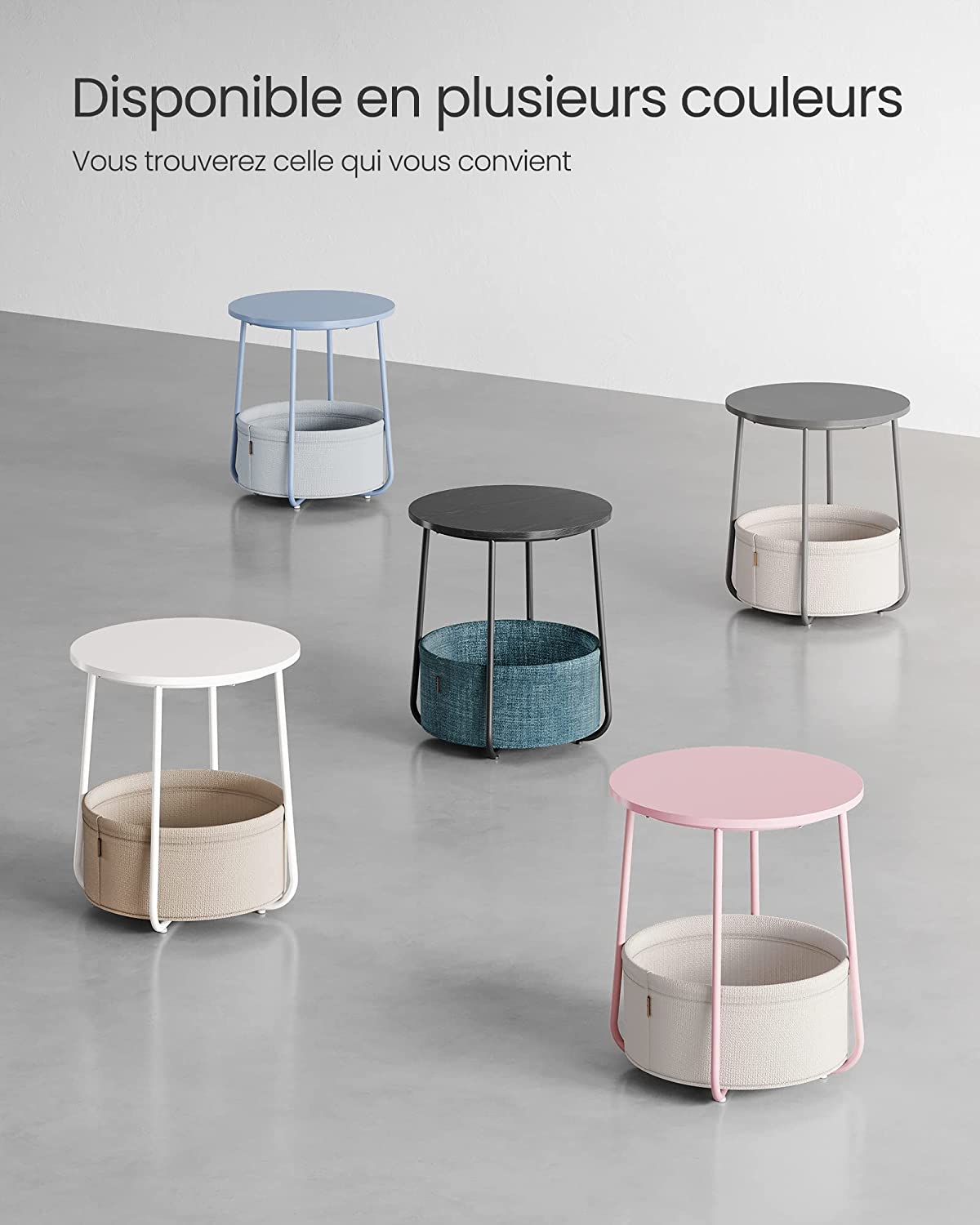 Petite Table Basse Ronde, Table d’Appoint avec Panier en Tissu, Rangement, pour Salon, Chambre, Table de Chevet, Style Moderne, Gris Ciment et Blanc Nuage