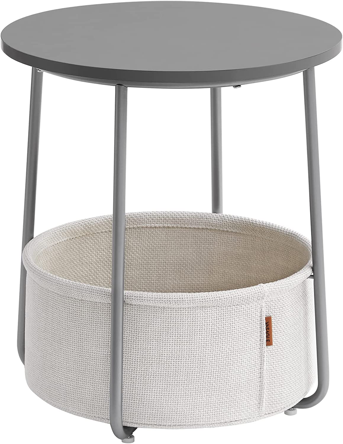 Petite Table Basse Ronde, Table d’Appoint avec Panier en Tissu, Rangement, pour Salon, Chambre, Table de Chevet, Style Moderne, Gris Ciment et Blanc Nuage