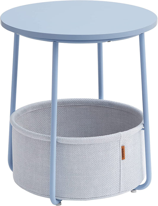 Side Table, Round End Table with Fabric Basket, Spacious, for Living Room Bedroom, Bedside Table, Modern Style, Powder Blue and Pastel Blue