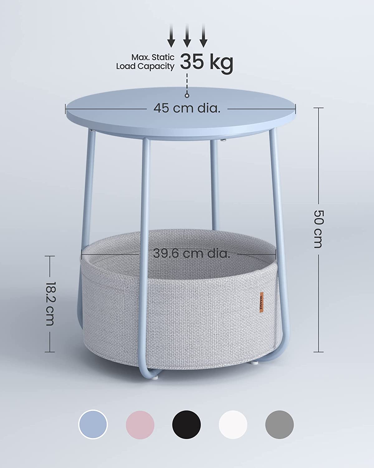 Side Table, Round End Table with Fabric Basket, Spacious, for Living Room Bedroom, Bedside Table, Modern Style, Powder Blue and Pastel Blue